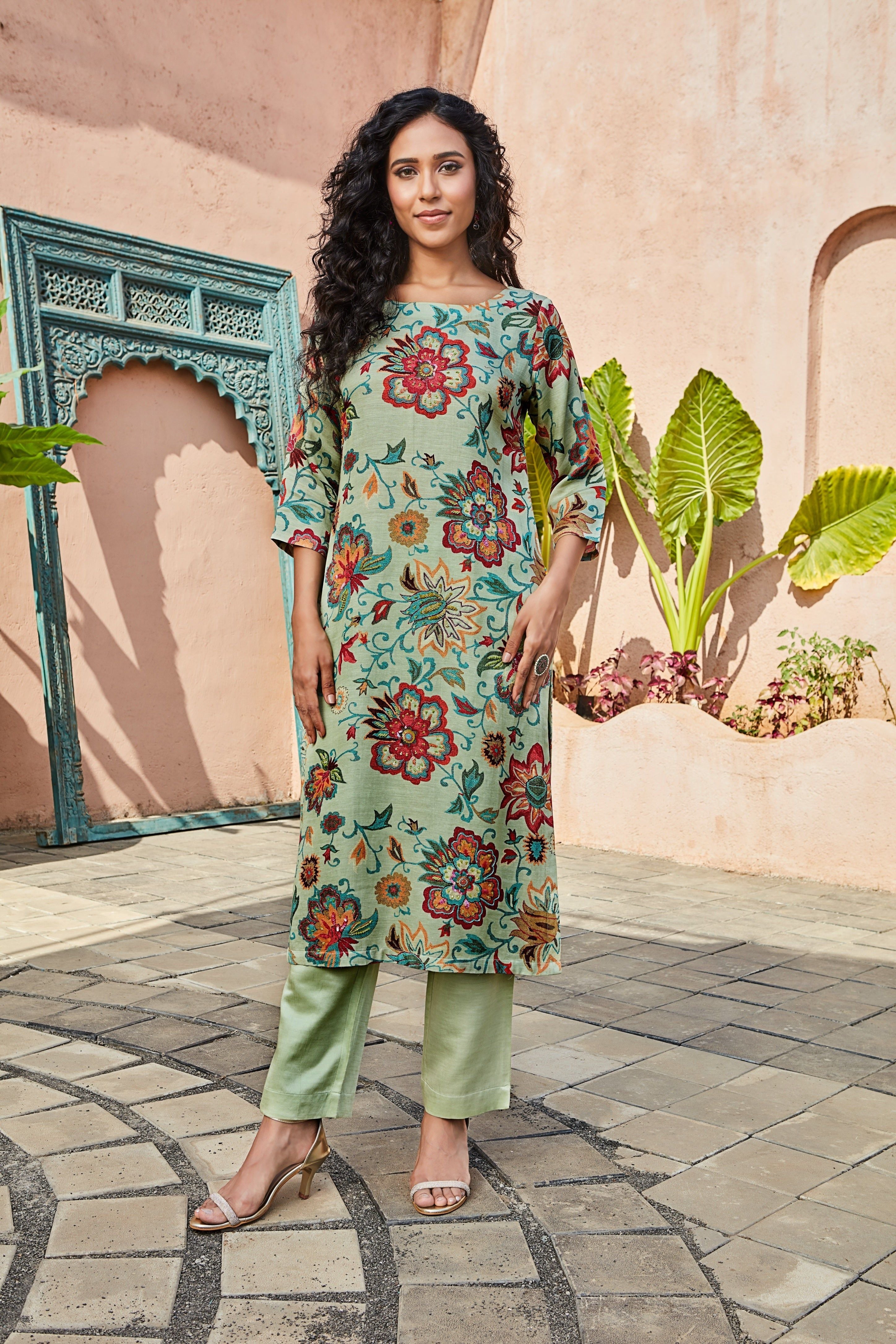 Pista Green Printed Kurta Set with Bold Floral Motifs Mokshaa