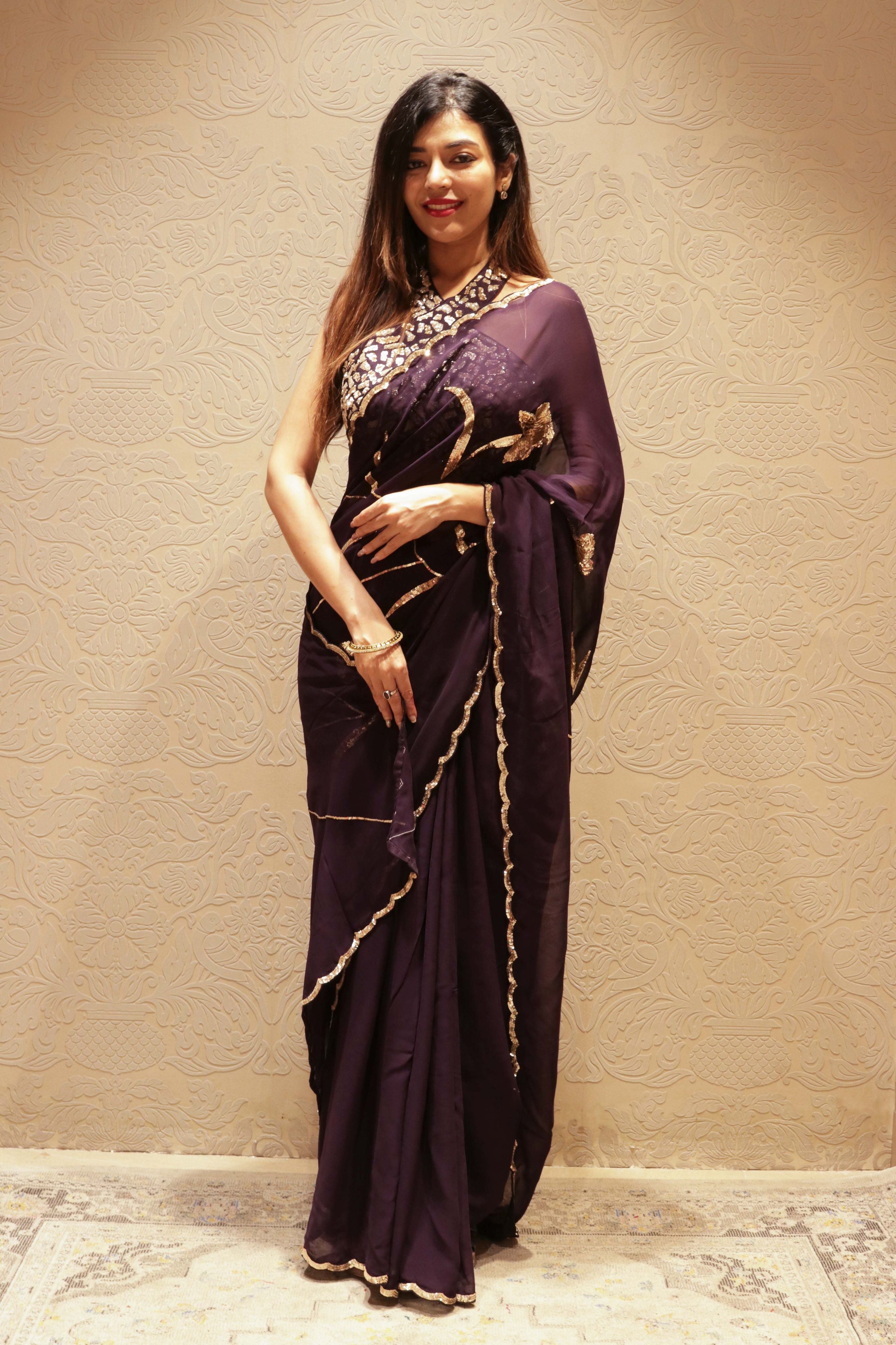 Purple Georgette Sequin Saree - Mokshaa