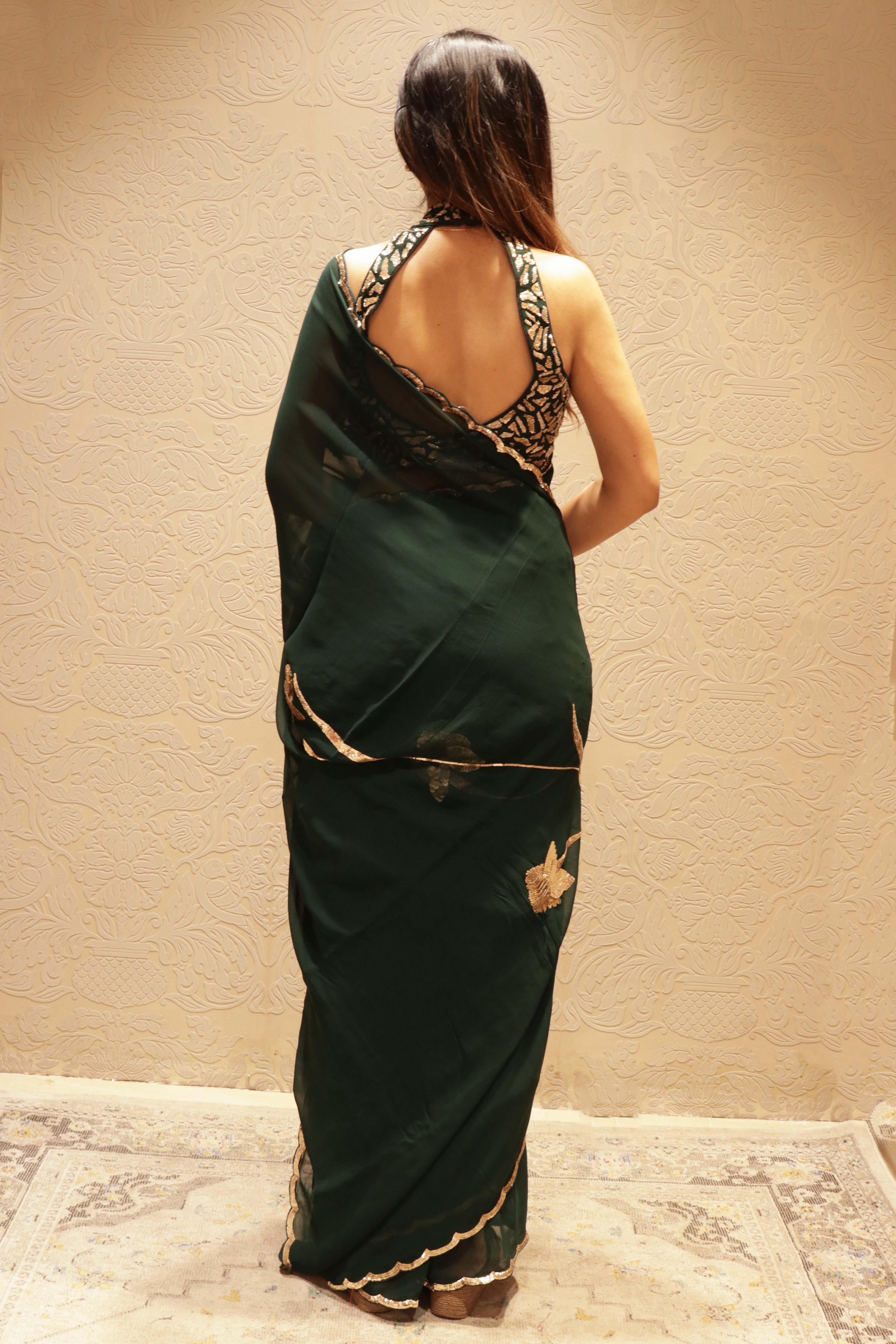 Bottle Green Georgette Sequin Saree - Mokshaa
