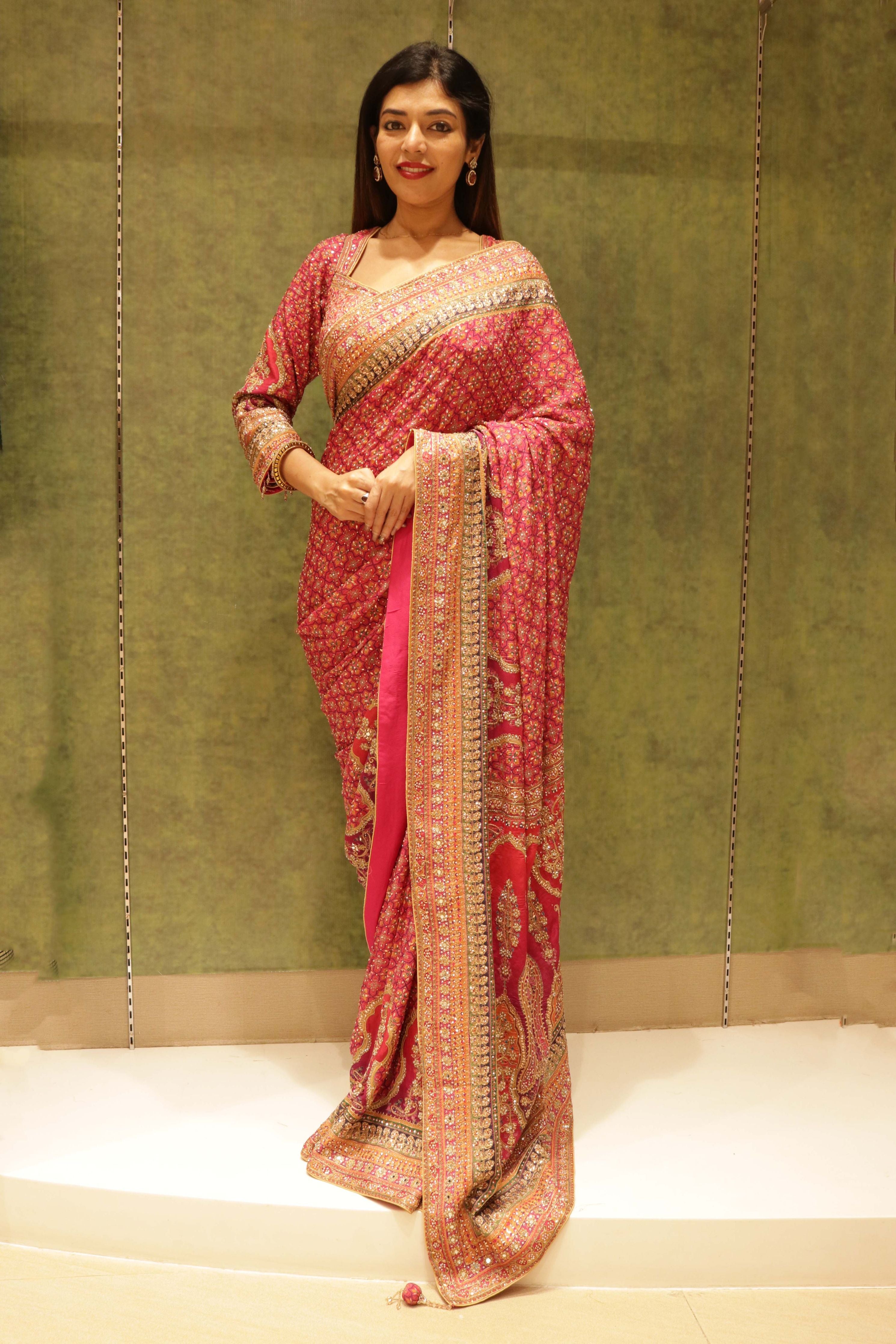 Pink Georgette Printed Saree with Sequins & Pearl Embellishment - Mokshaa
