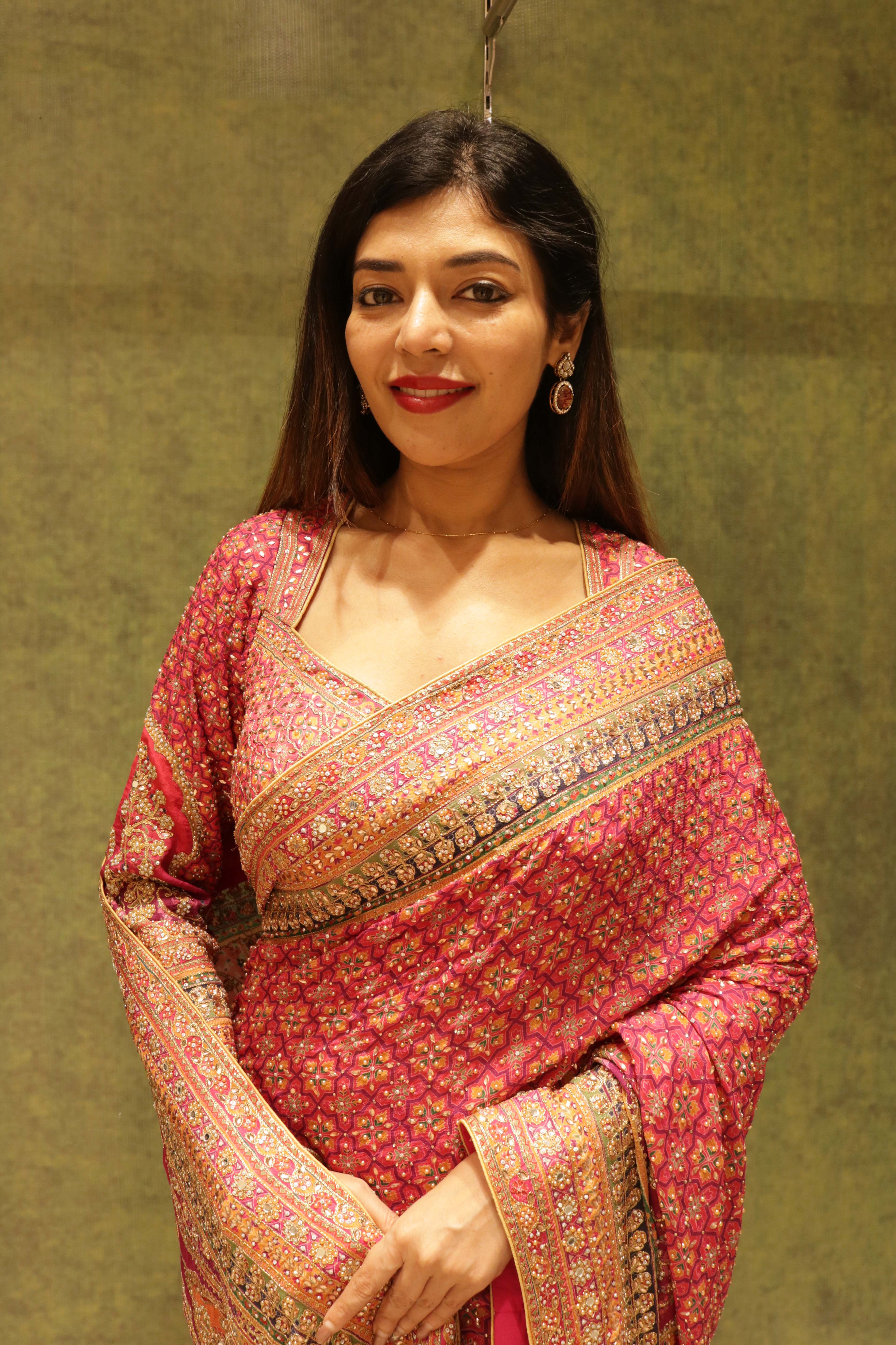 Pink Georgette Printed Saree with Sequins & Pearl Embellishment - Mokshaa