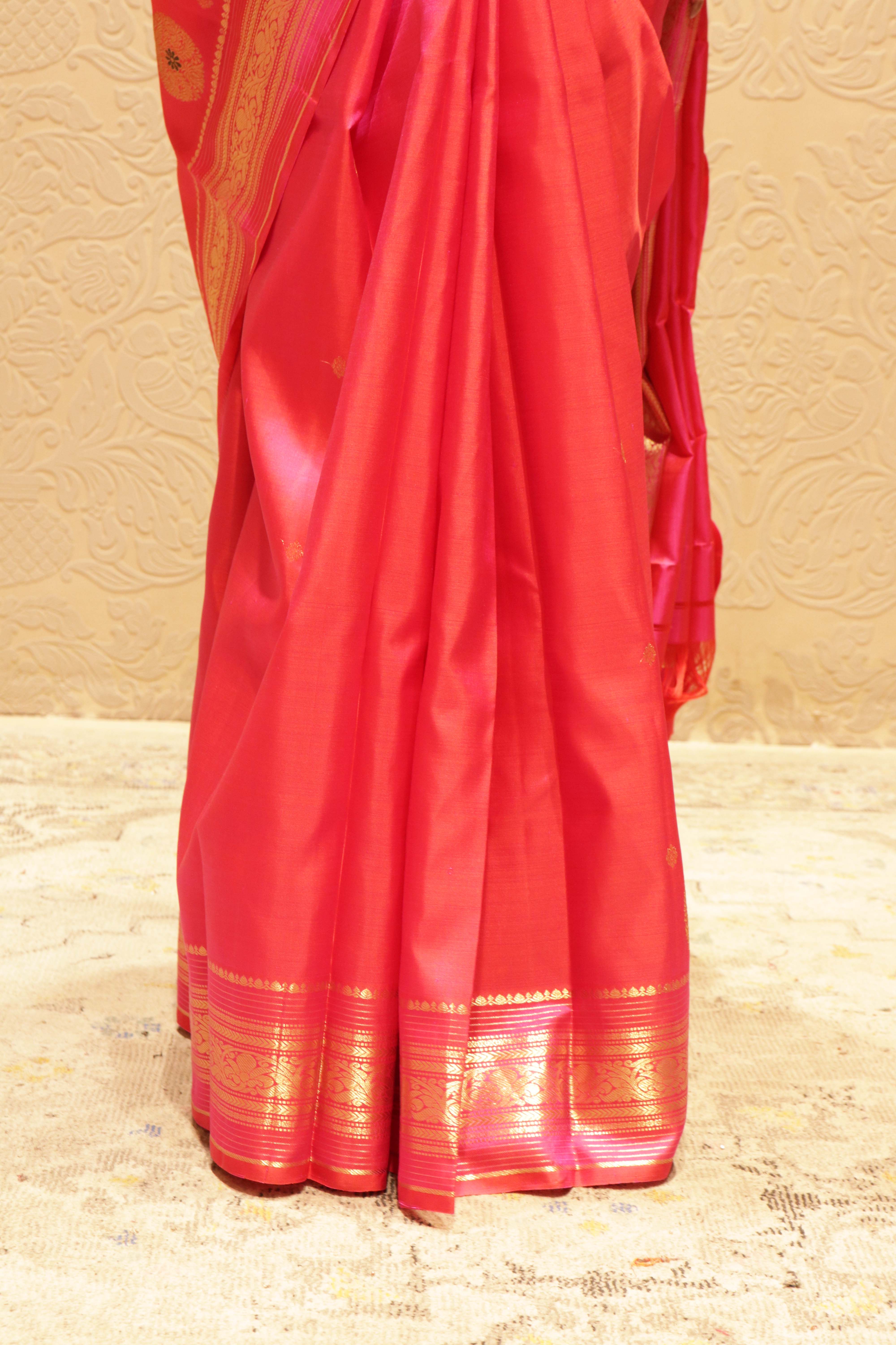 Pink Kanchipuram Silk Saree with Gold Zari Motifs - Mokshaa