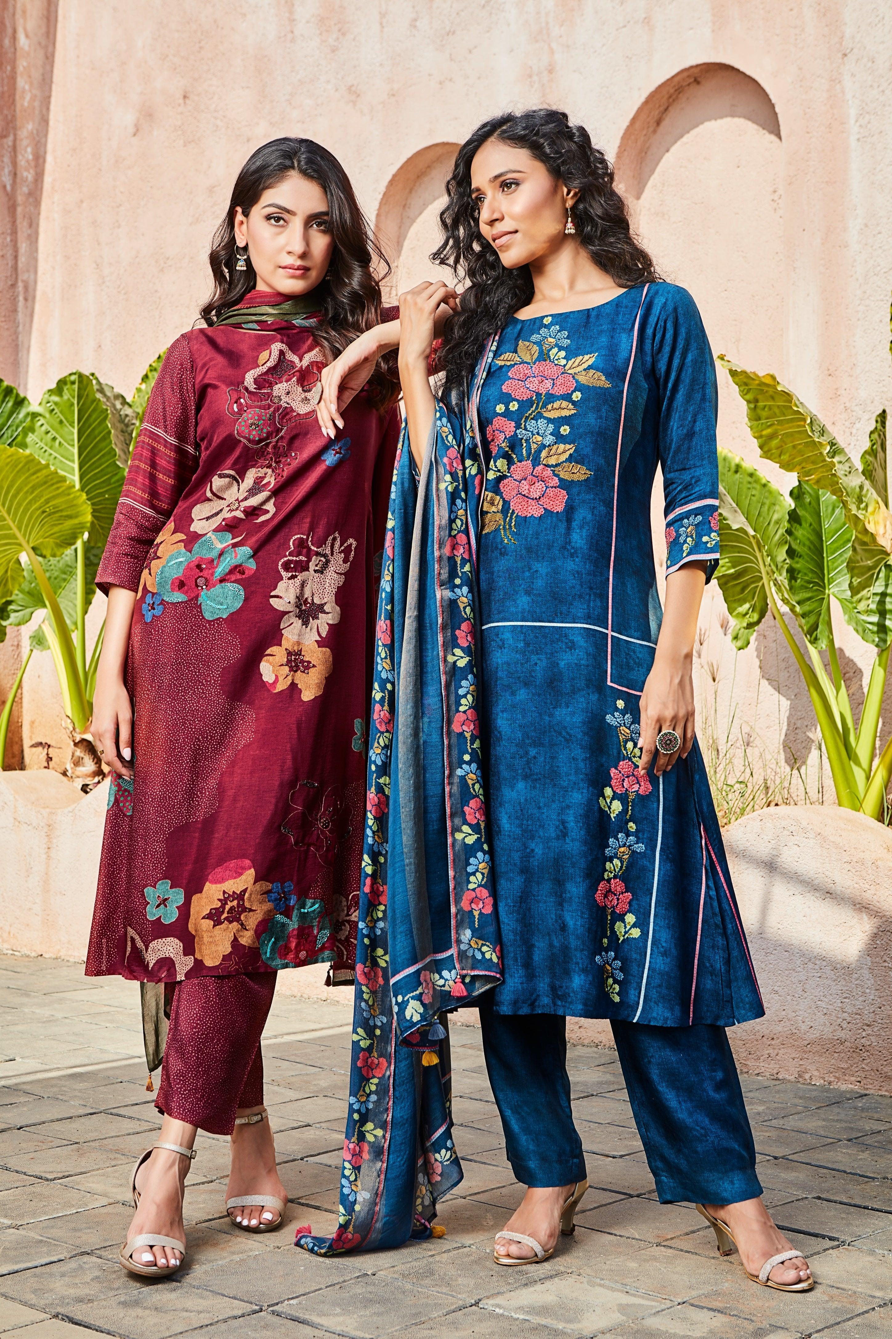 Indigo Blue Embroidered Kurta Set with Floral Dupatta Mokshaa