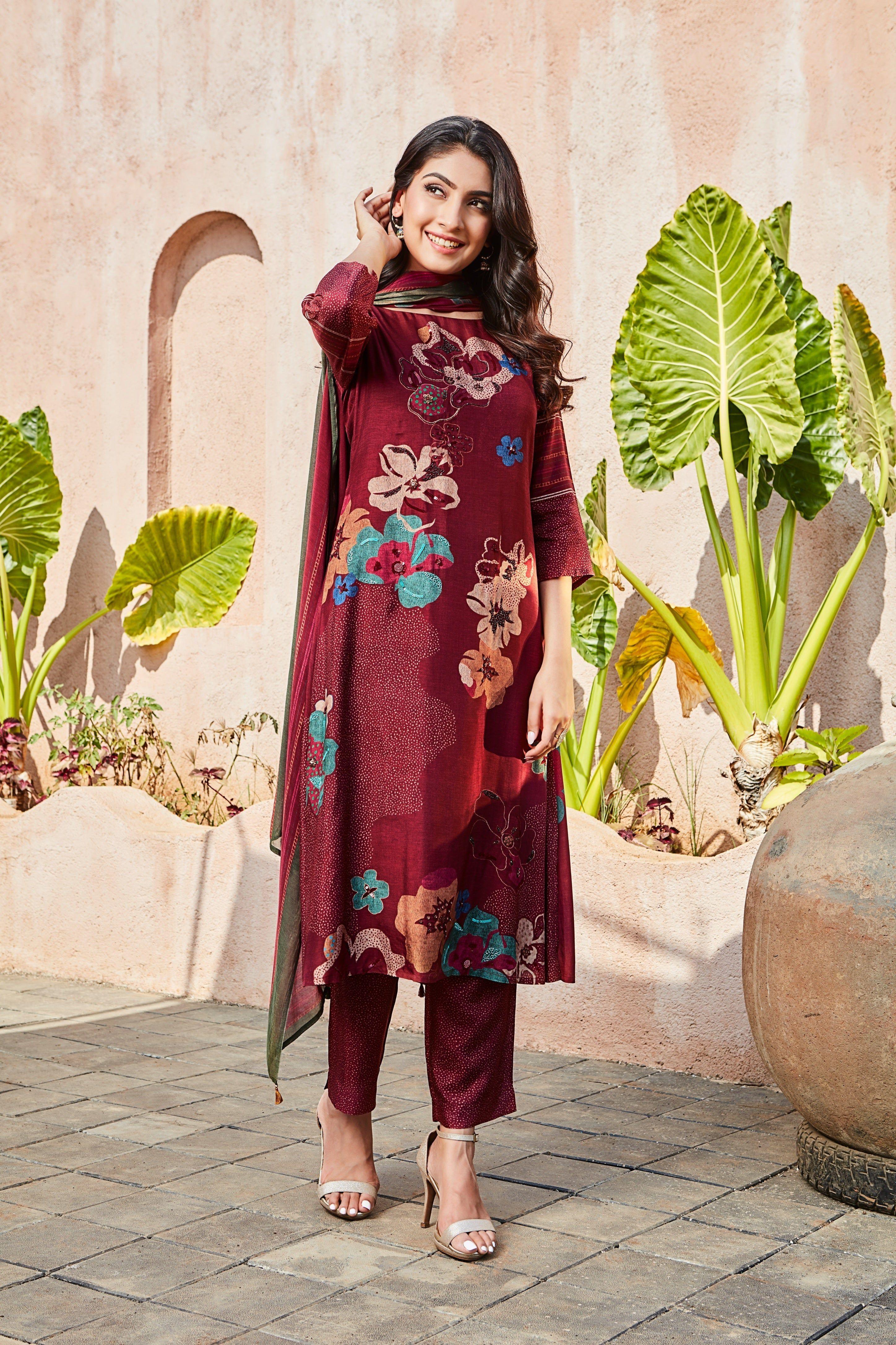 Maroon Printed Satin Kurta Set Mokshaa