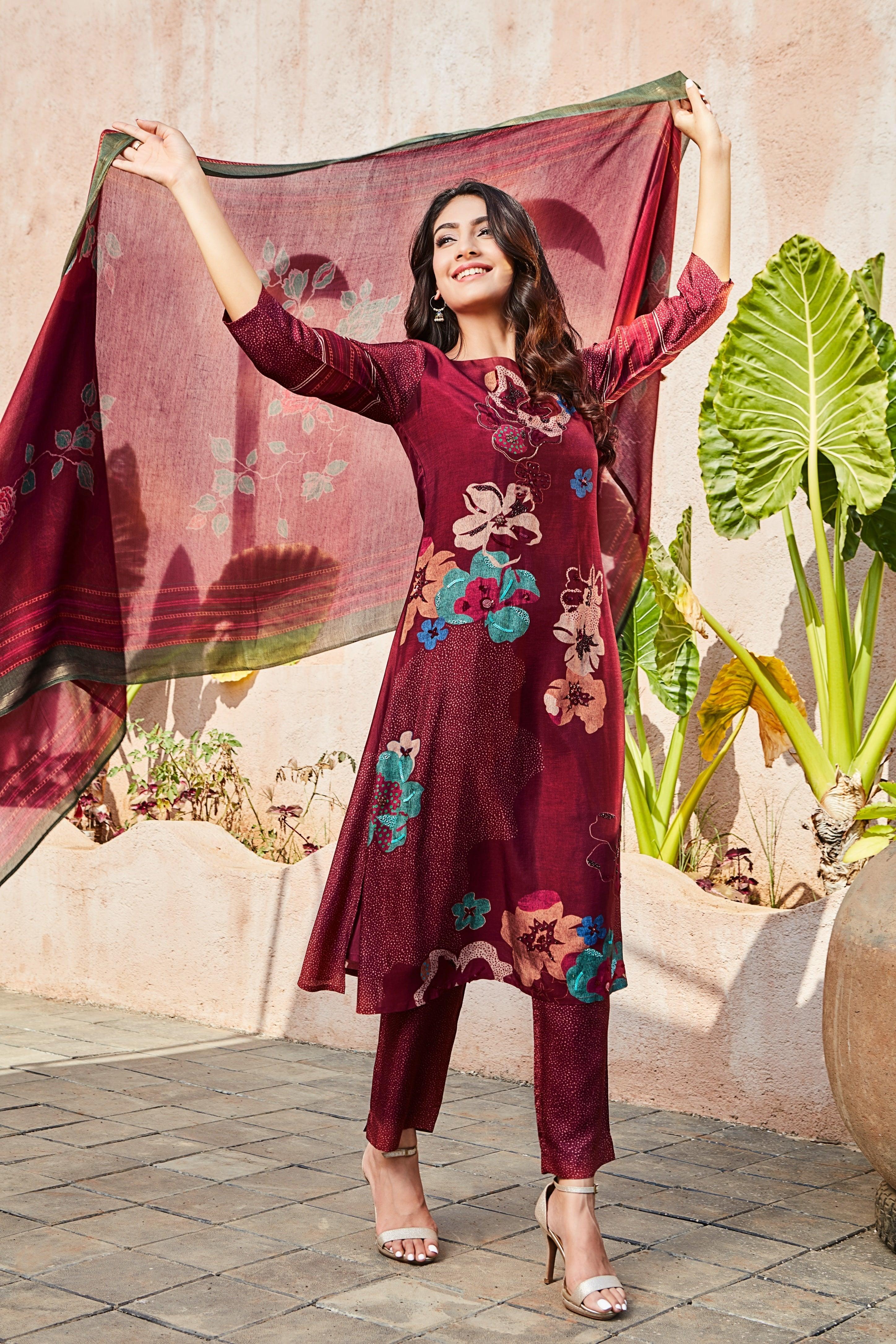 Maroon Printed Satin Kurta Set Mokshaa