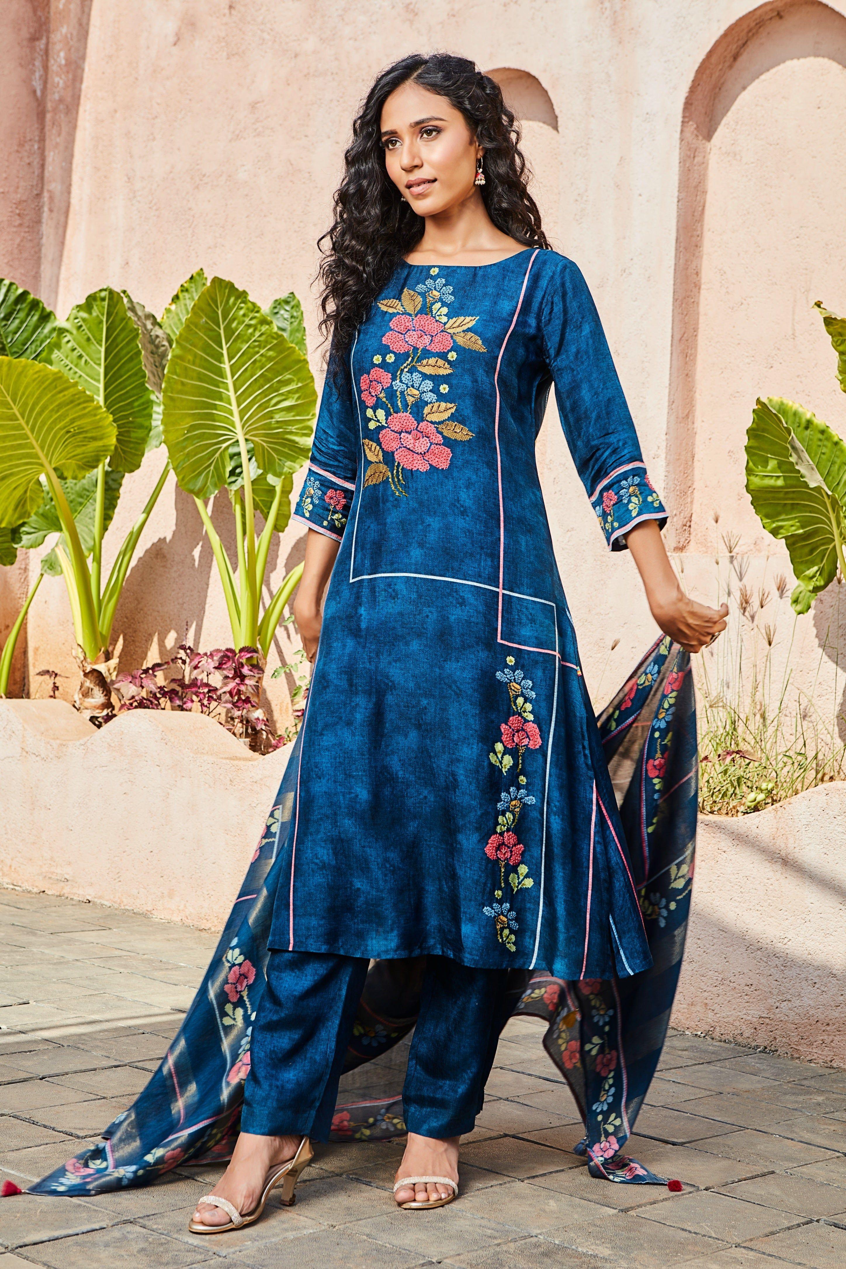 Indigo Blue Embroidered Kurta Set with Floral Dupatta  Mokshaa