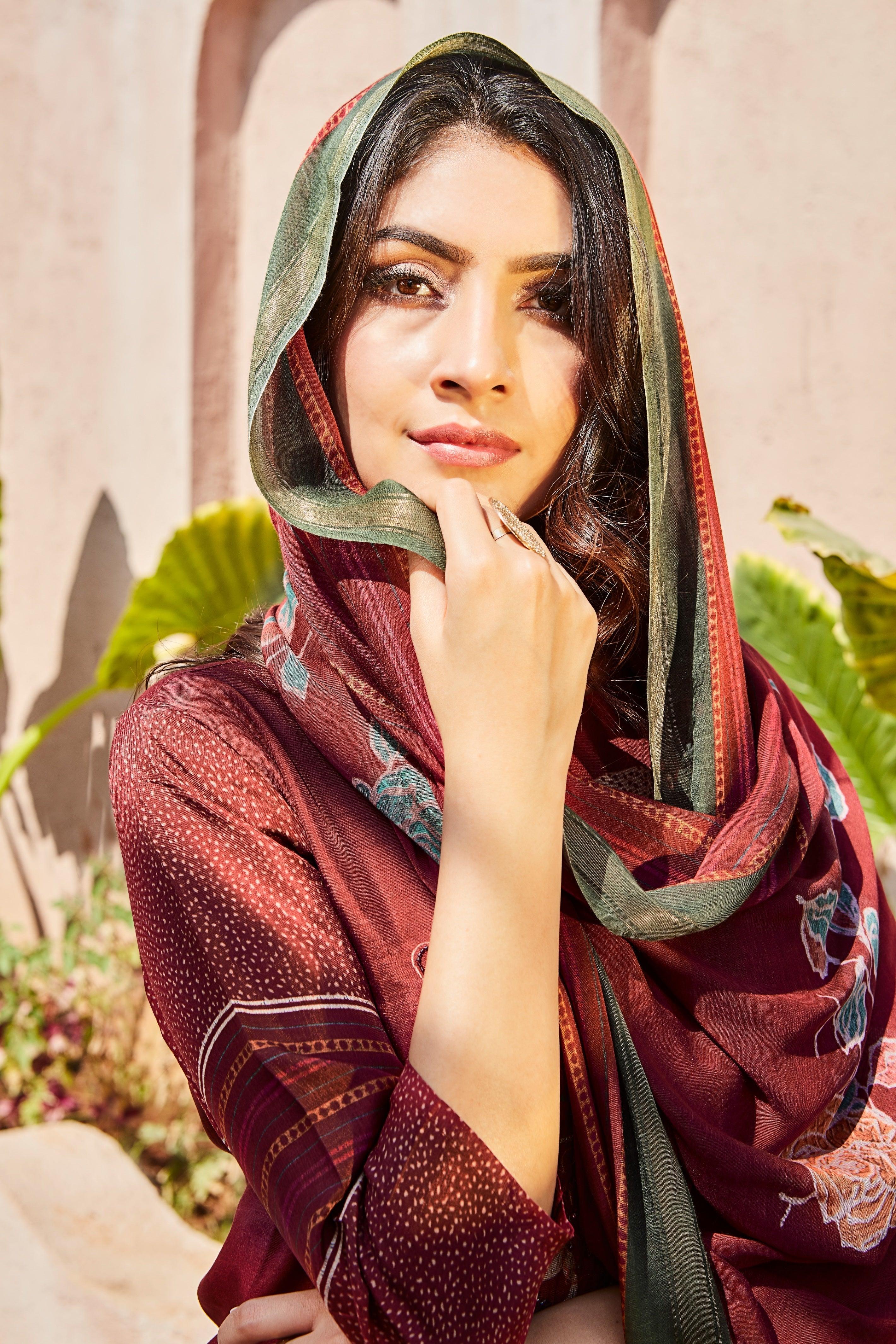 Maroon Printed Satin Kurta Set Mokshaa