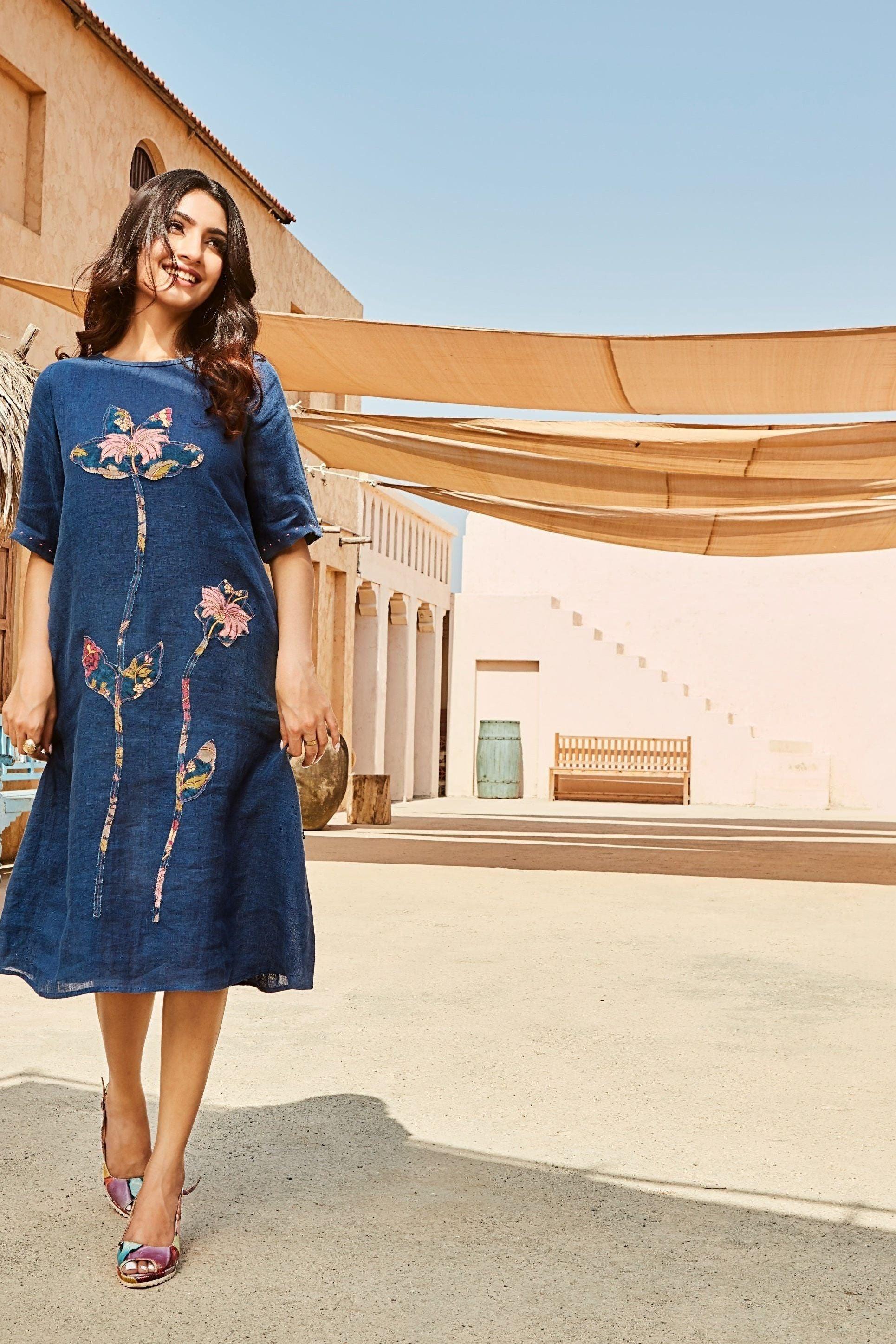 Navy Blue Linen Dress with Embroidered Motif Mokshaa