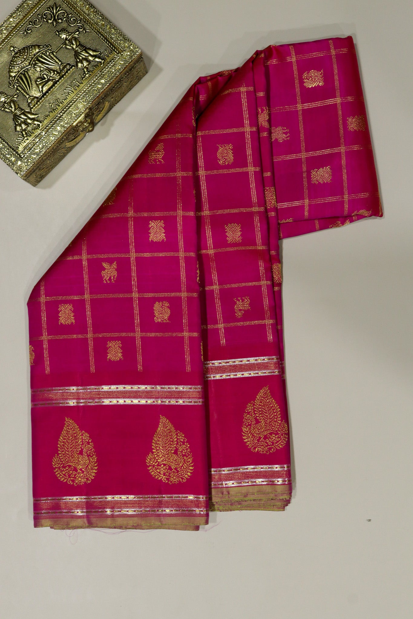 Fuchsia Pink Kanchivaram Silk Saree with Checked Buttas and Traditional Self Border
