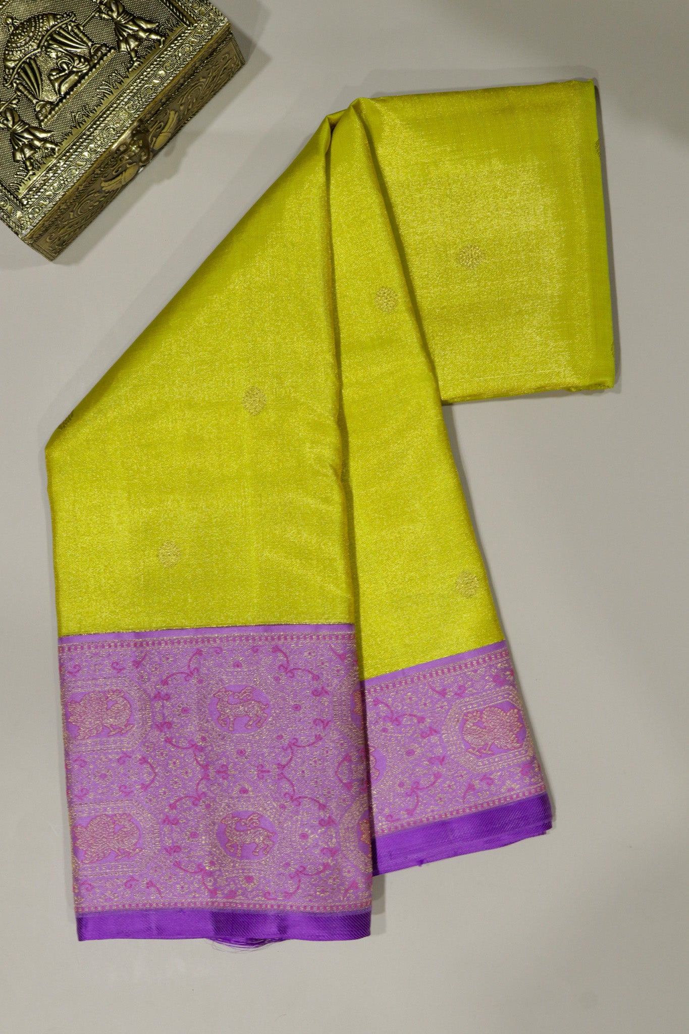 Lemon Yellow Kanchivaram Silk Tissue Saree with Lotus Pink Vana Singaram Border