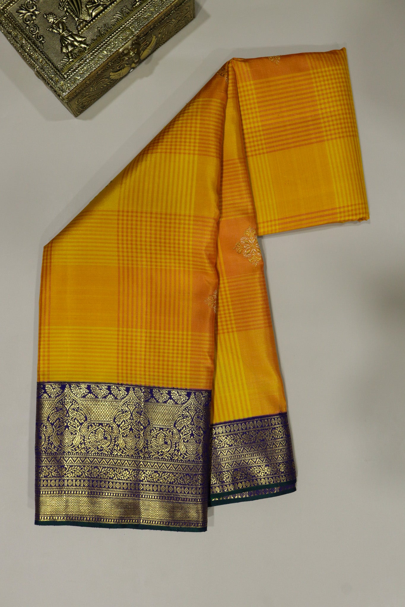 Mango Yellow Kanchivaram Silk Saree with Self Checks, Zari Motifs and Contrast Border