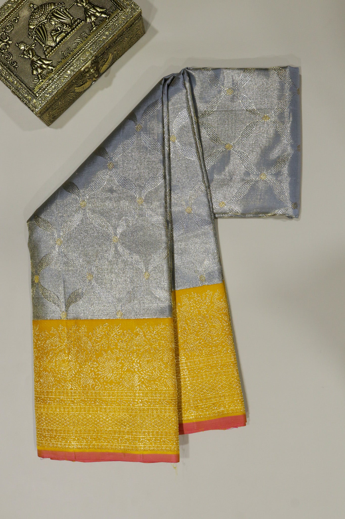 Aash Kanchivaram Silk Shimmer Tissue Saree with Yellow Contrast Border