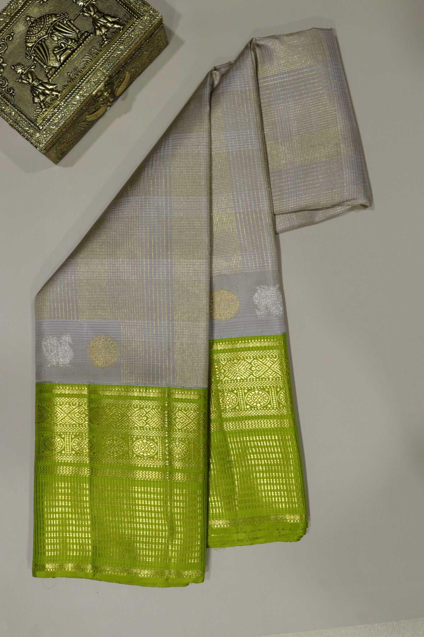 Ash Grey Kanchivaram Silk Saree with Vaira Oosi Checks and Peacock Green Zari Border