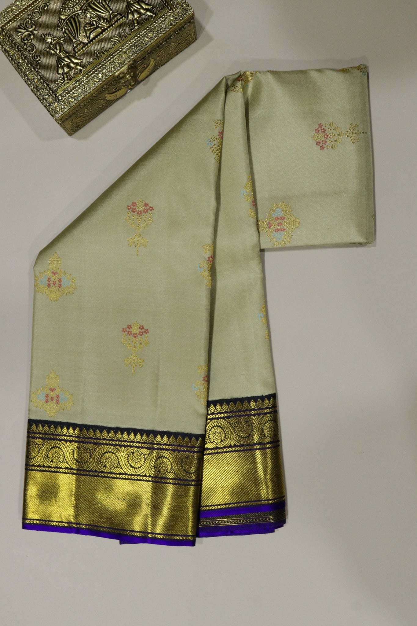 Beige Kanchivaram Silk Saree with Meenakari Motifs and Rich Zari Contrast Border