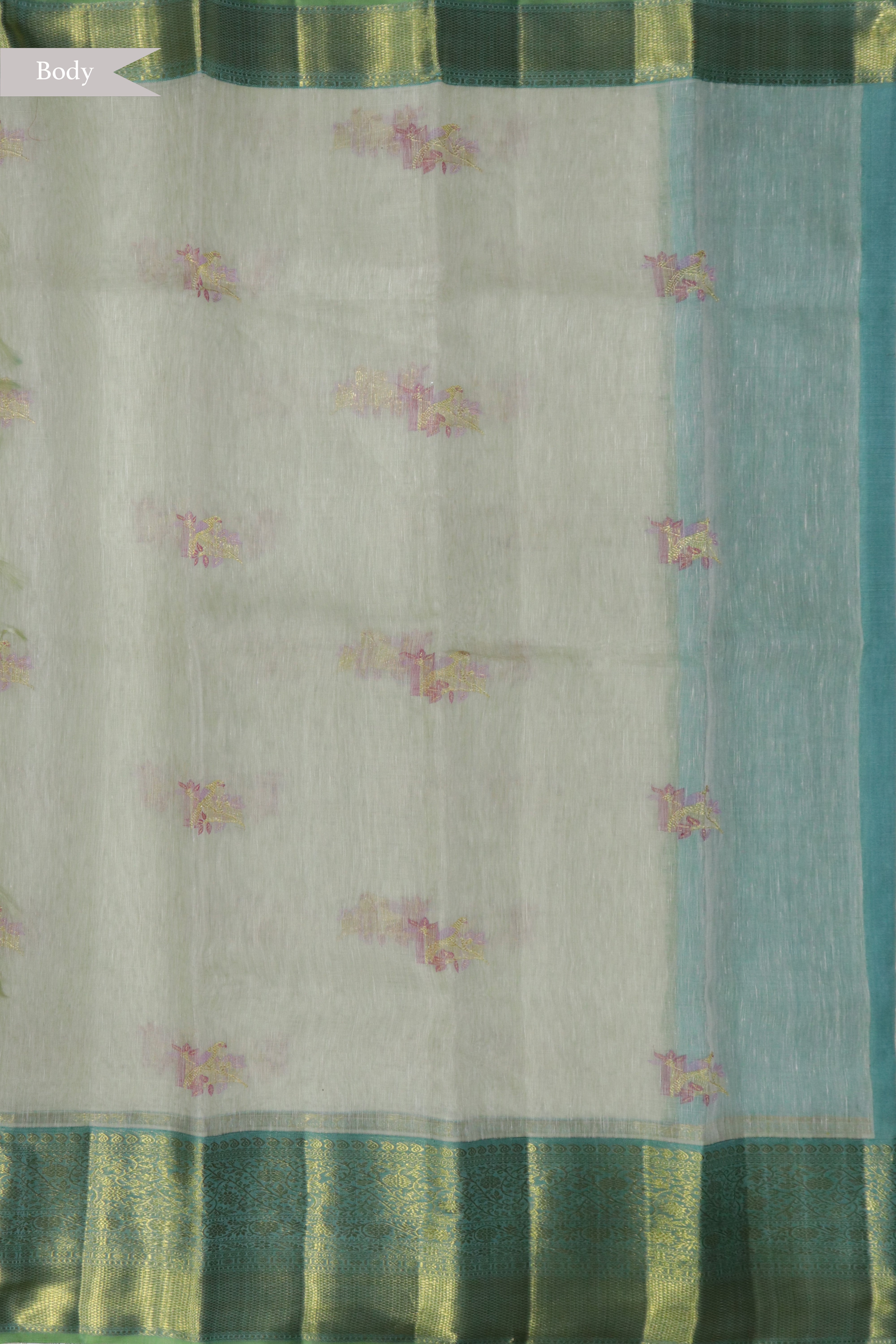 Off White Kanchivaram Silk Saree with Meenakari Parrot Motifs and Contrast Teal Zari Border