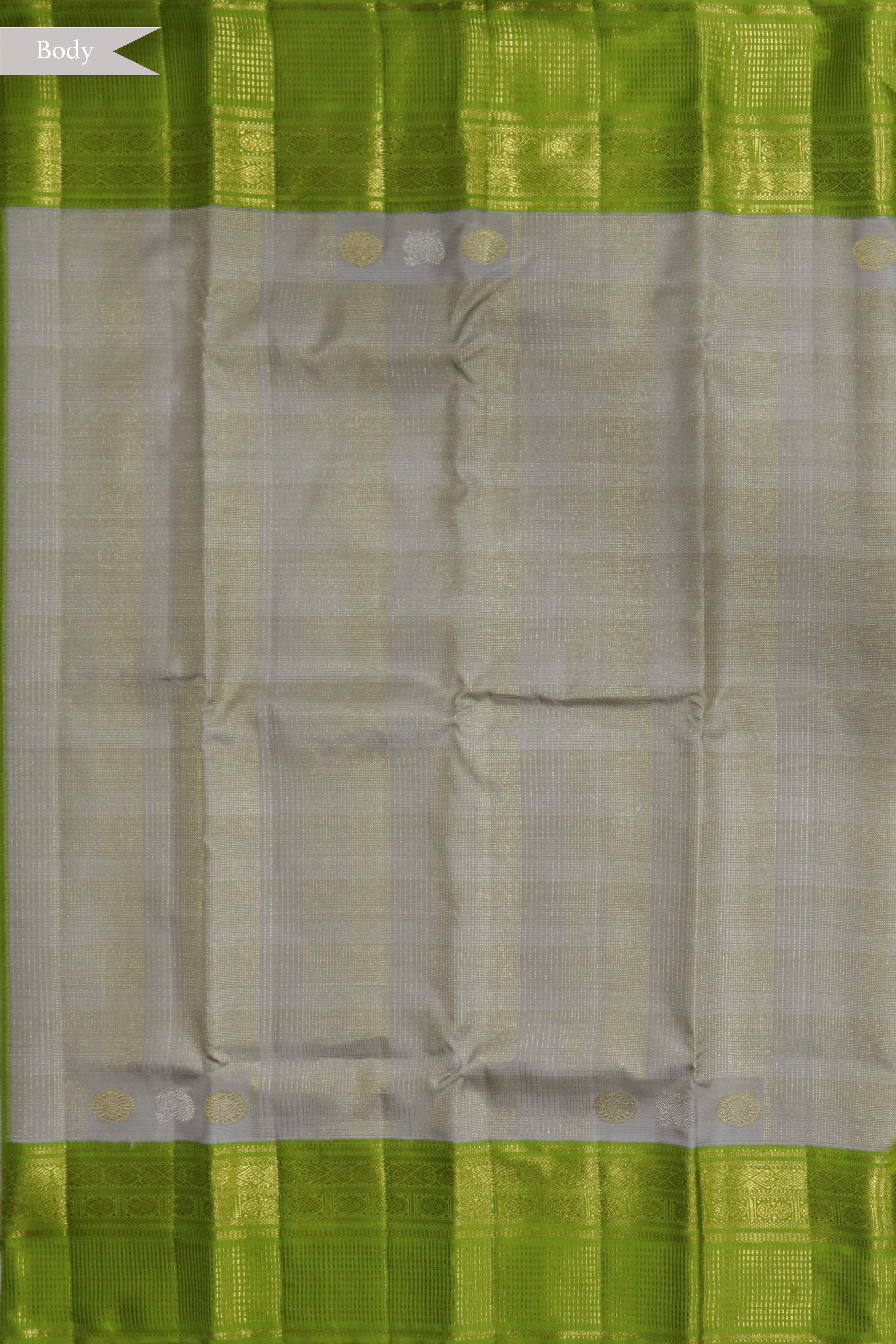 Ash Grey Kanchivaram Silk Saree with Vaira Oosi Checks and Peacock Green Zari Border