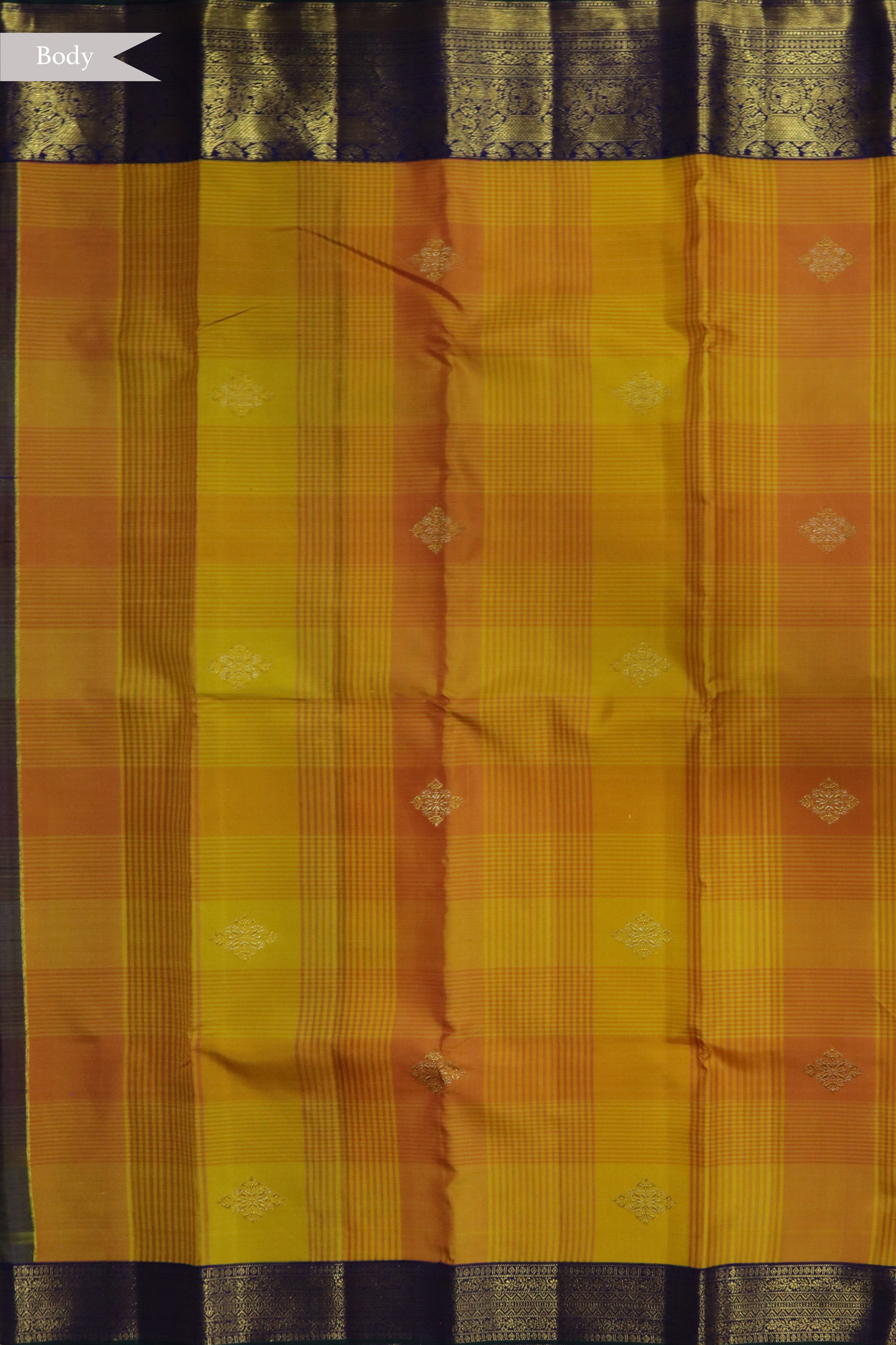 Mango Yellow Kanchivaram Silk Saree with Self Checks, Zari Motifs and Contrast Border