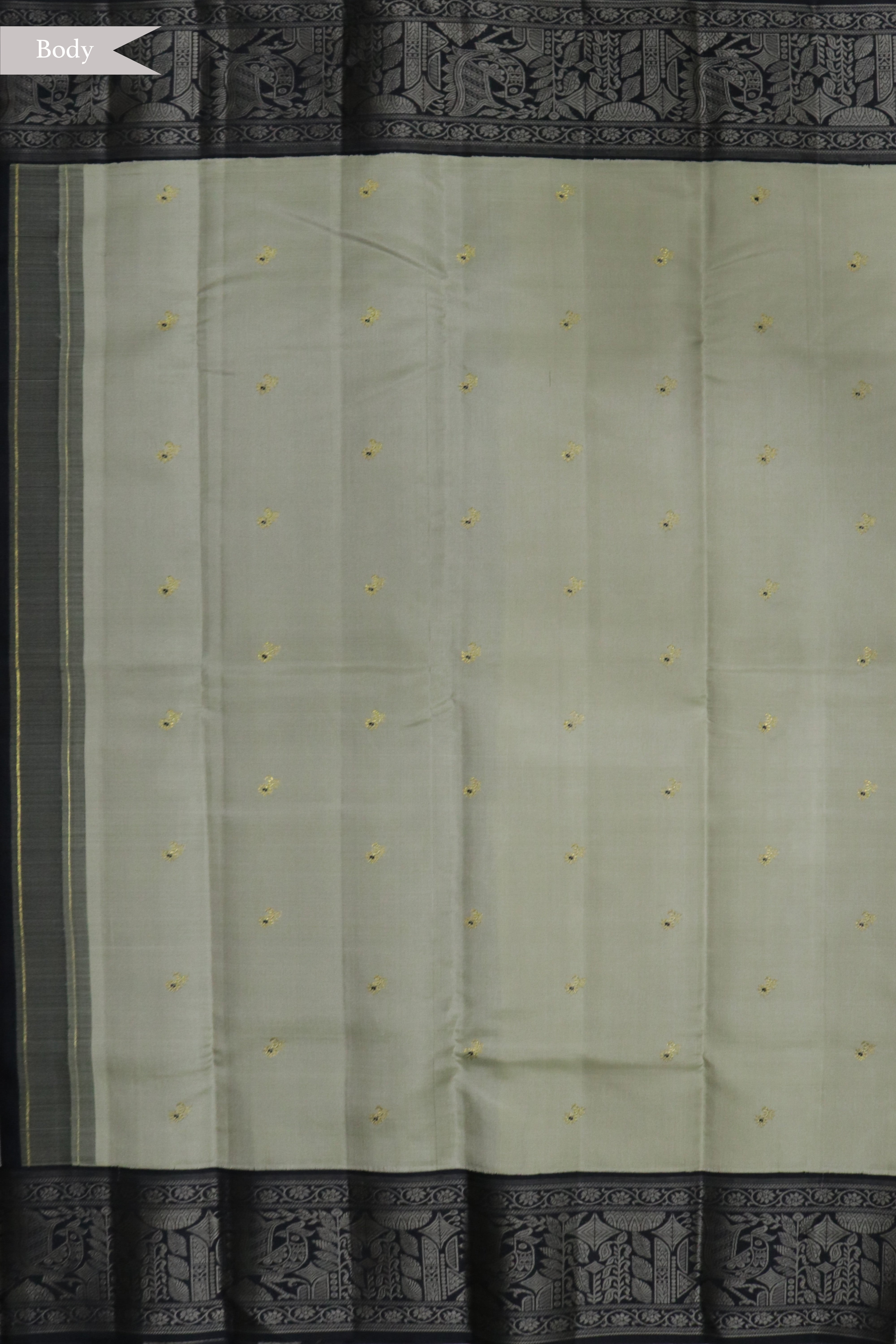 Beige Kanchivaram Silk Saree with Black Contrast Border and Traditional Thread Weaving