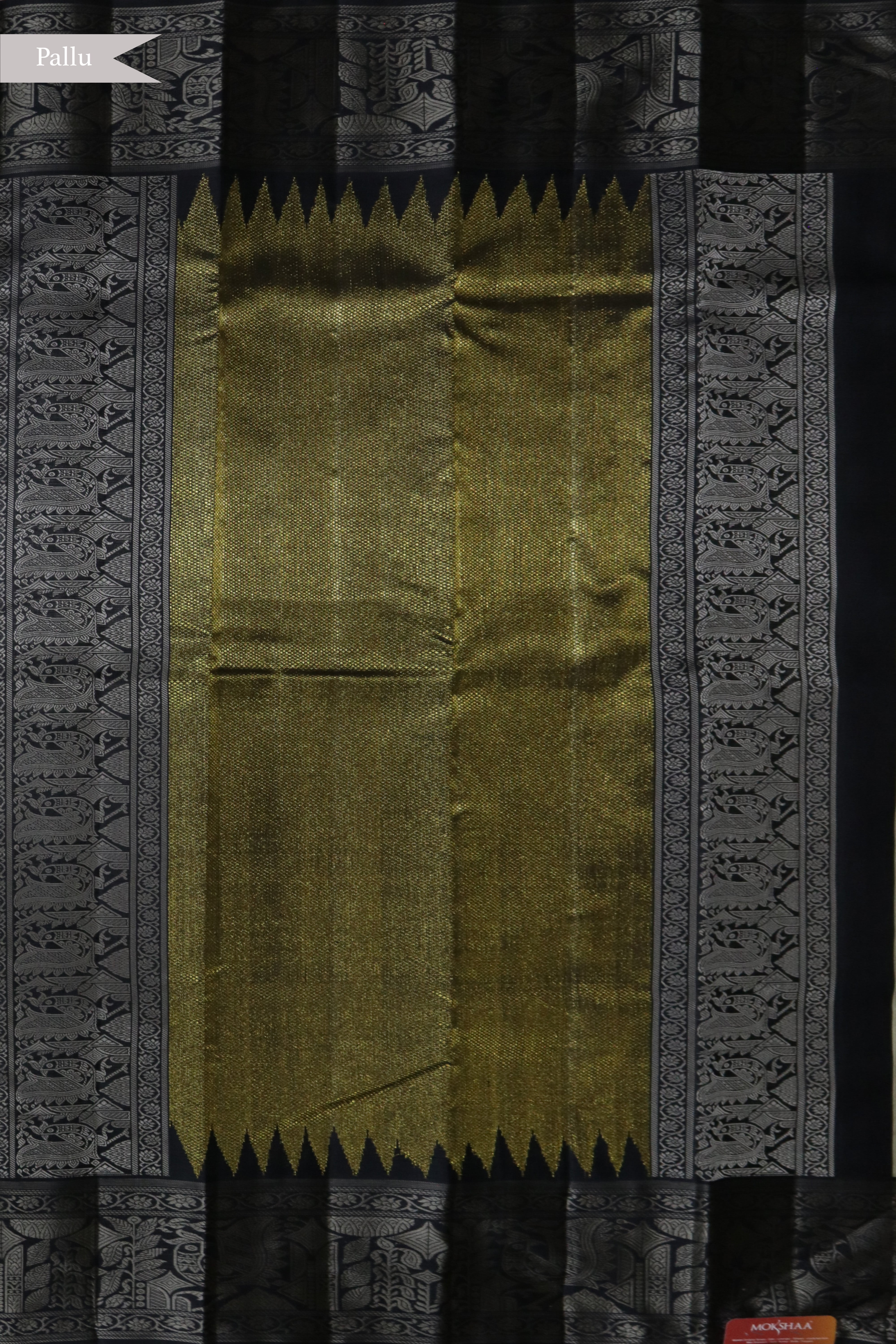 Beige Kanchivaram Silk Saree with Black Contrast Border and Traditional Thread Weaving