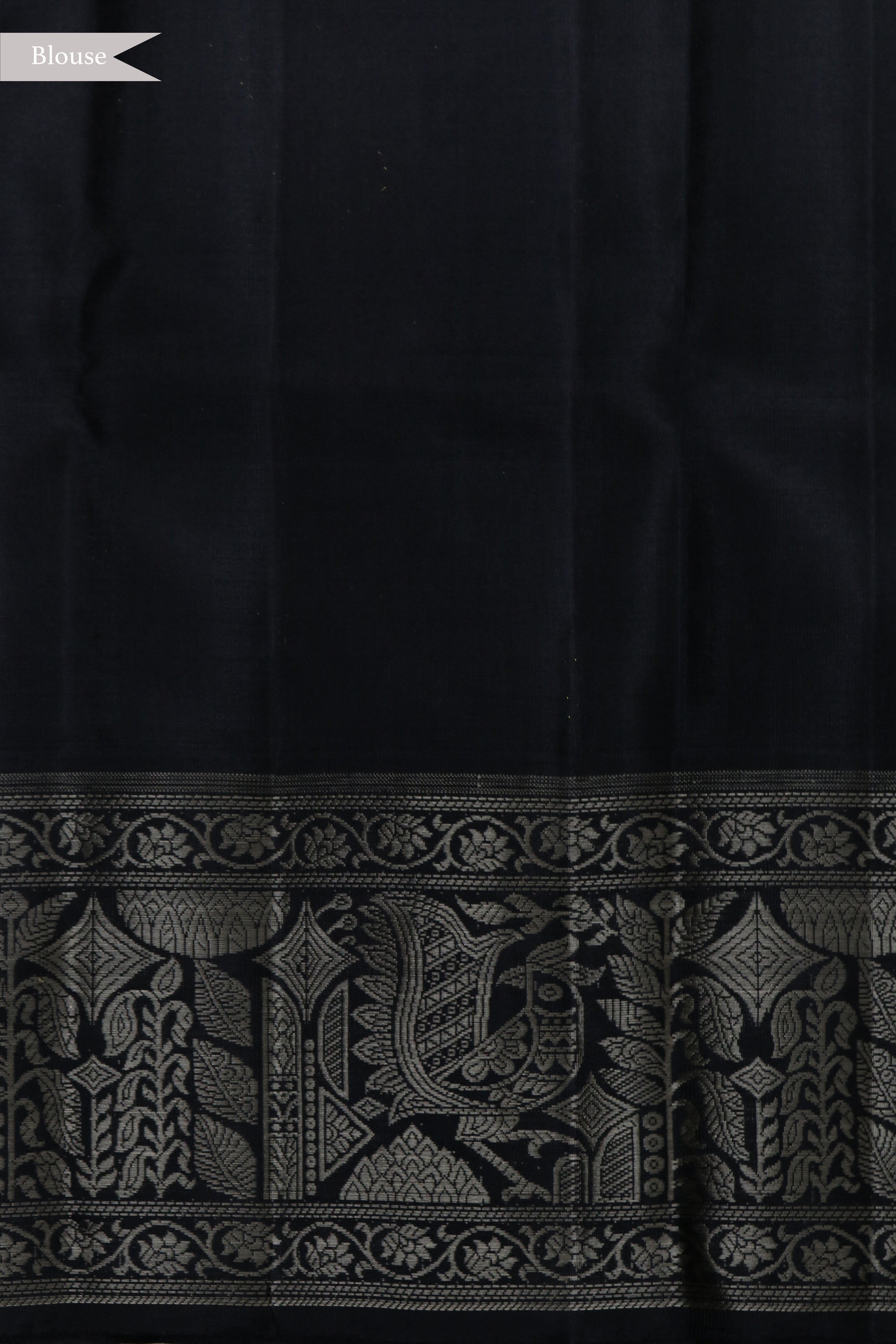 Beige Kanchivaram Silk Saree with Black Contrast Border and Traditional Thread Weaving