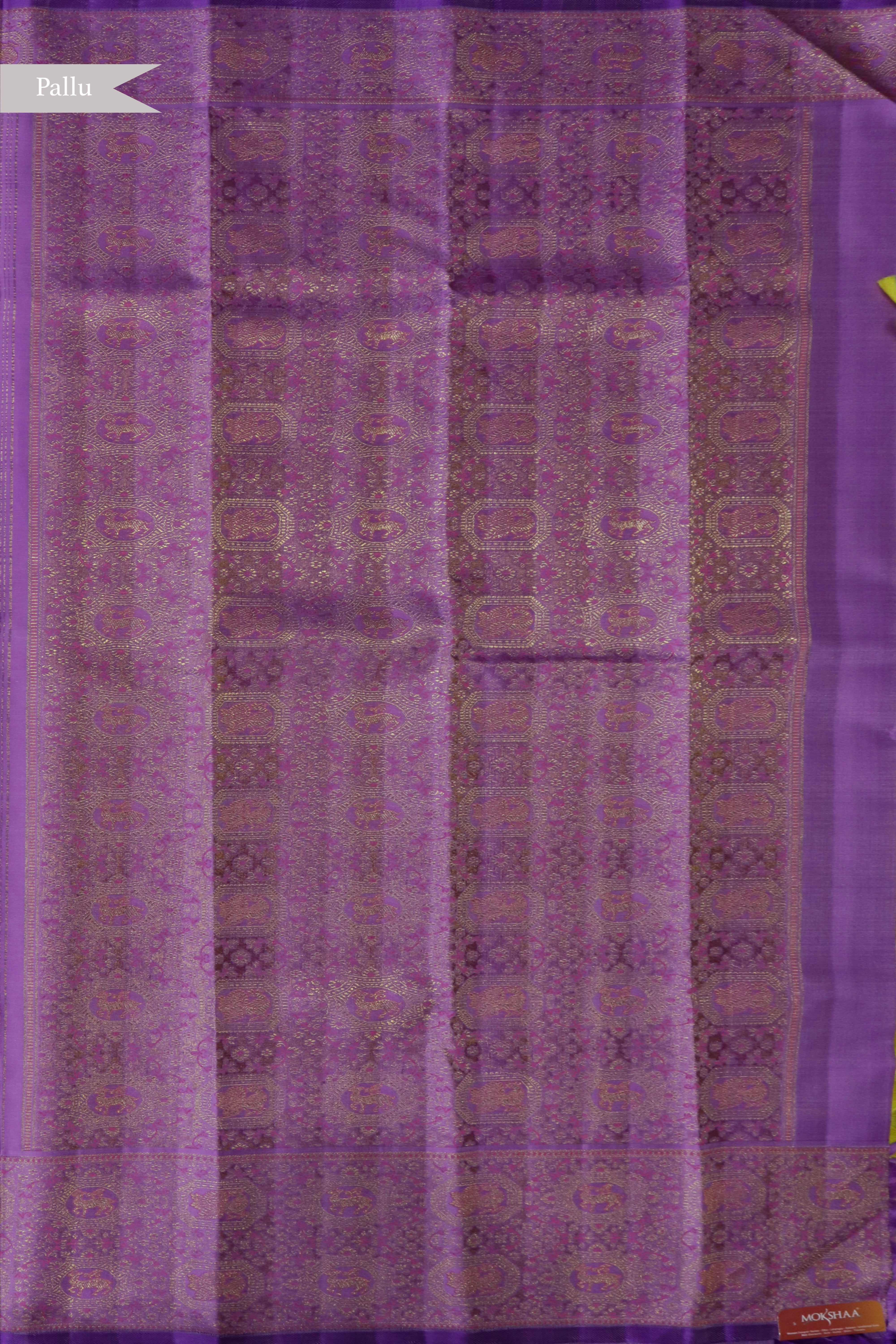 Lemon Yellow Kanchivaram Silk Tissue Saree with Lotus Pink Vana Singaram Border