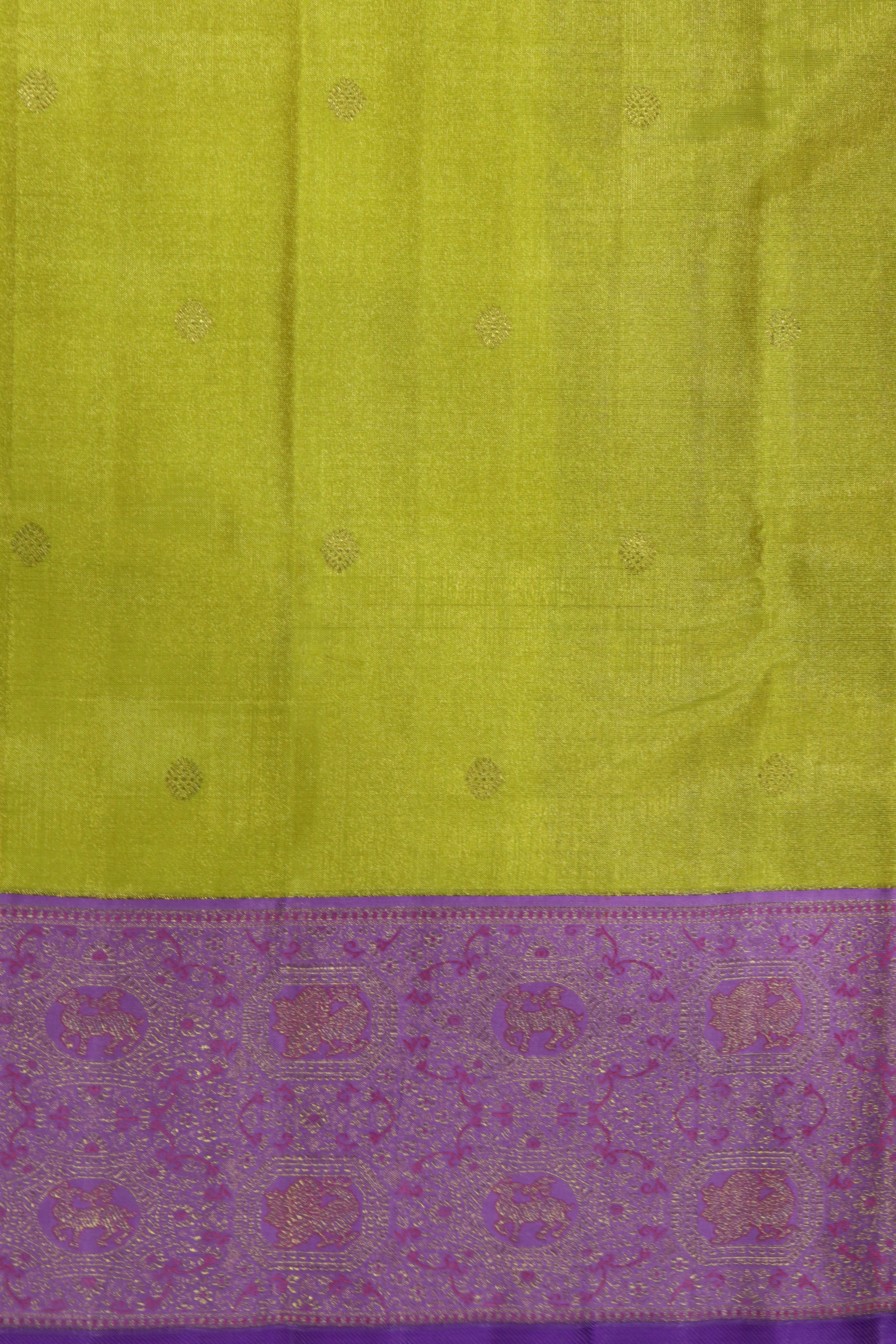 Lemon Yellow Kanchivaram Silk Tissue Saree with Lotus Pink Vana Singaram Border