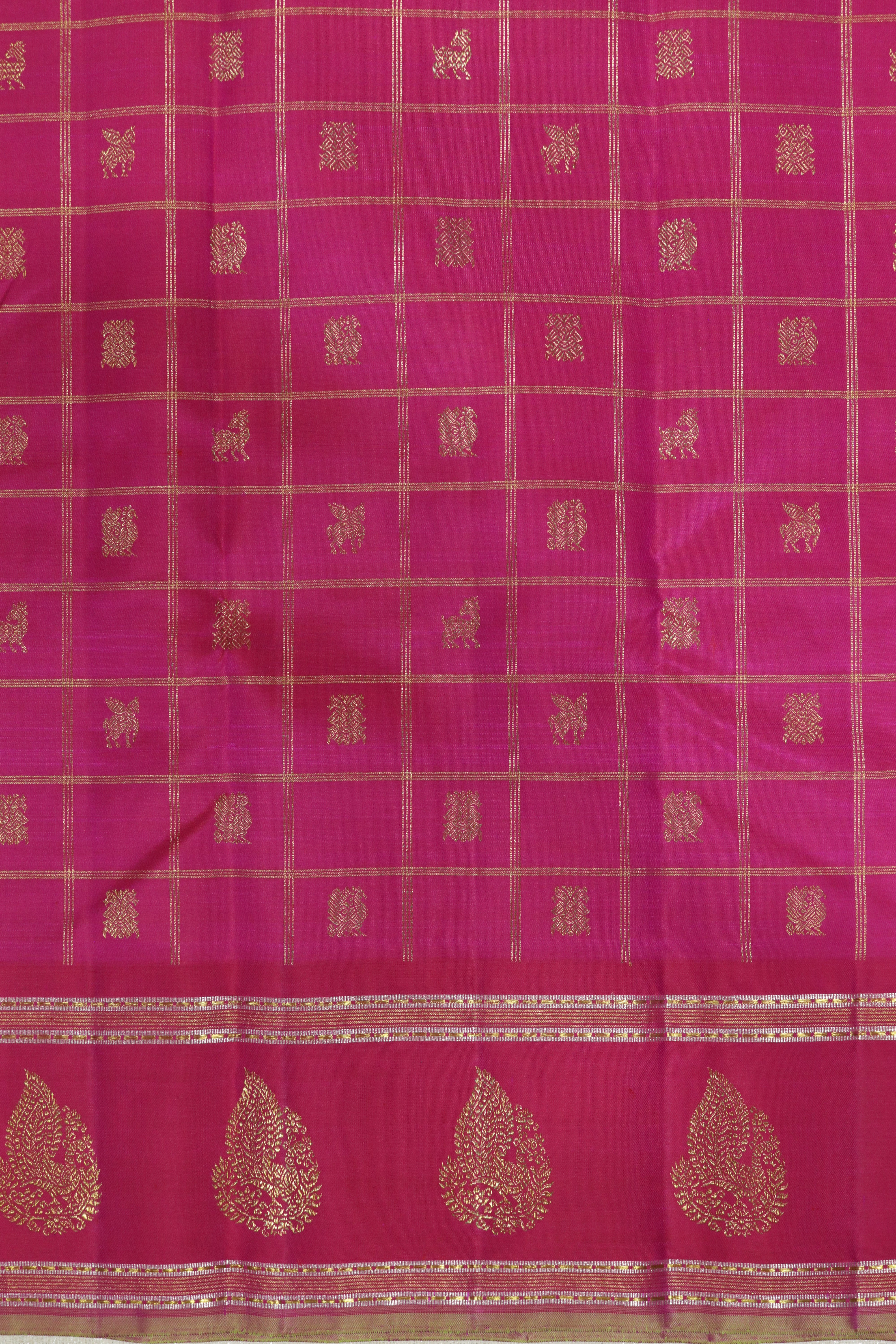 Fuchsia Pink Kanchivaram Silk Saree with Checked Buttas and Traditional Self Border