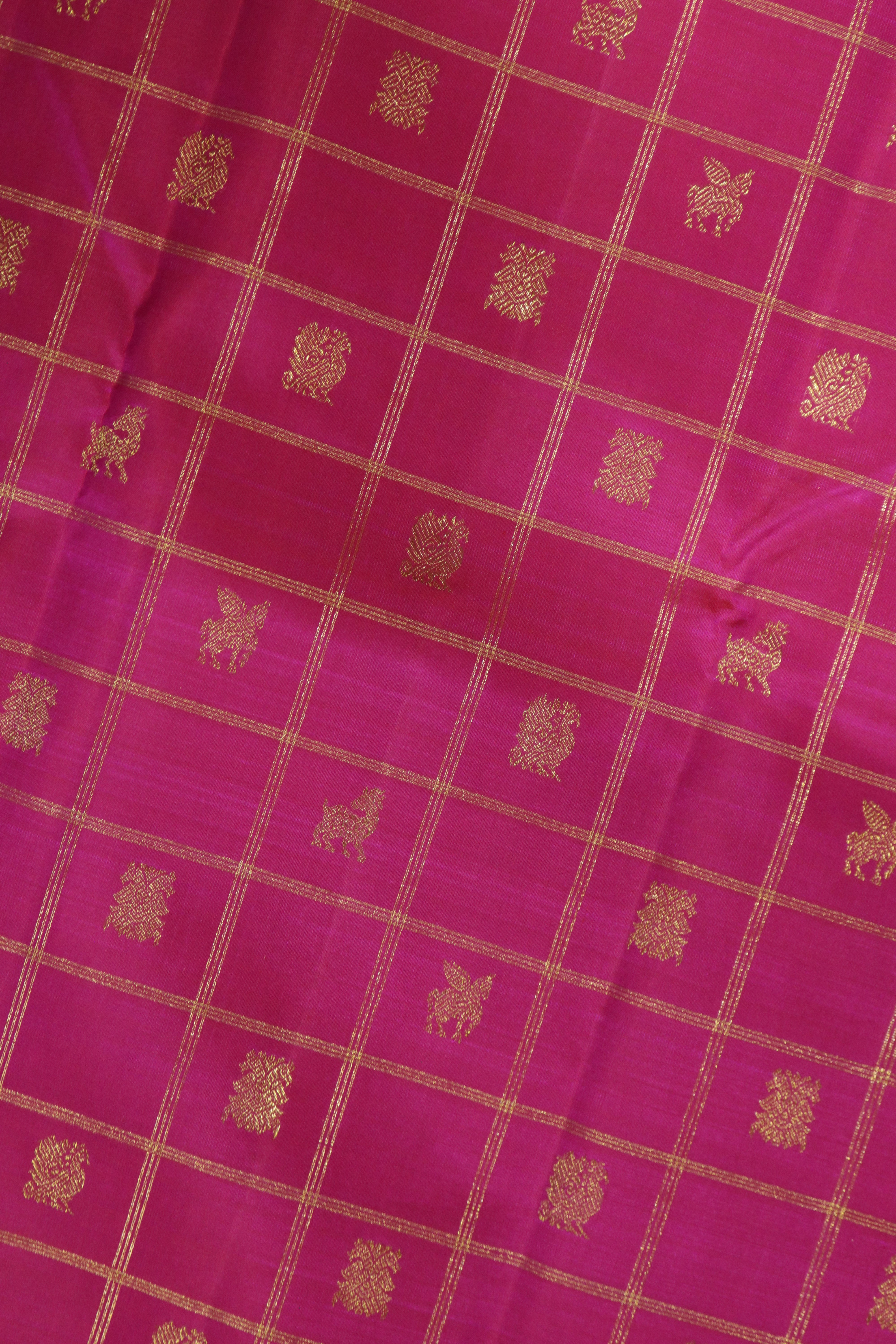 Fuchsia Pink Kanchivaram Silk Saree with Checked Buttas and Traditional Self Border