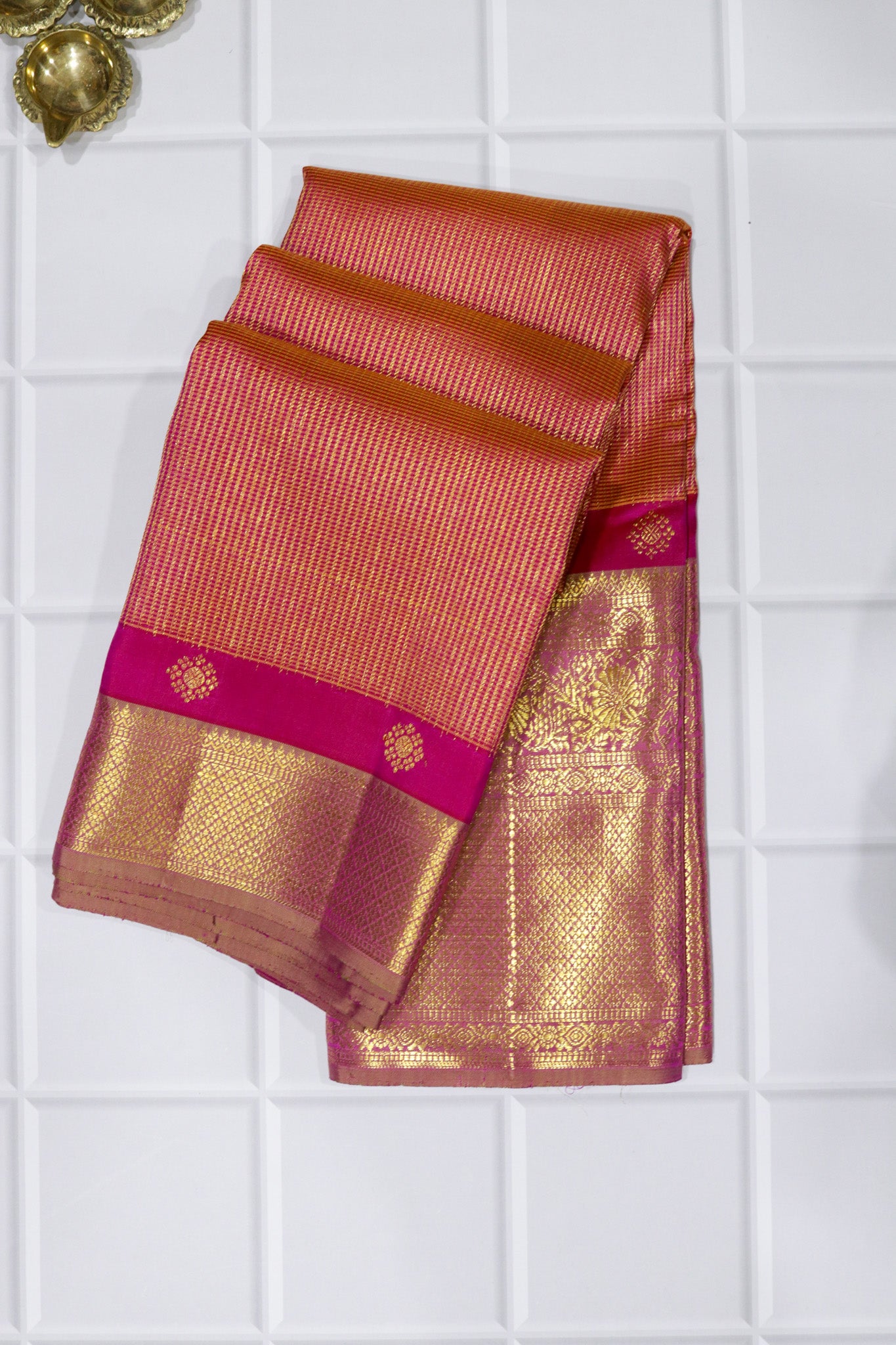 Coral Kanchivaram Silk Saree with Vaira Oosi Stripes and Contrast Zari Border