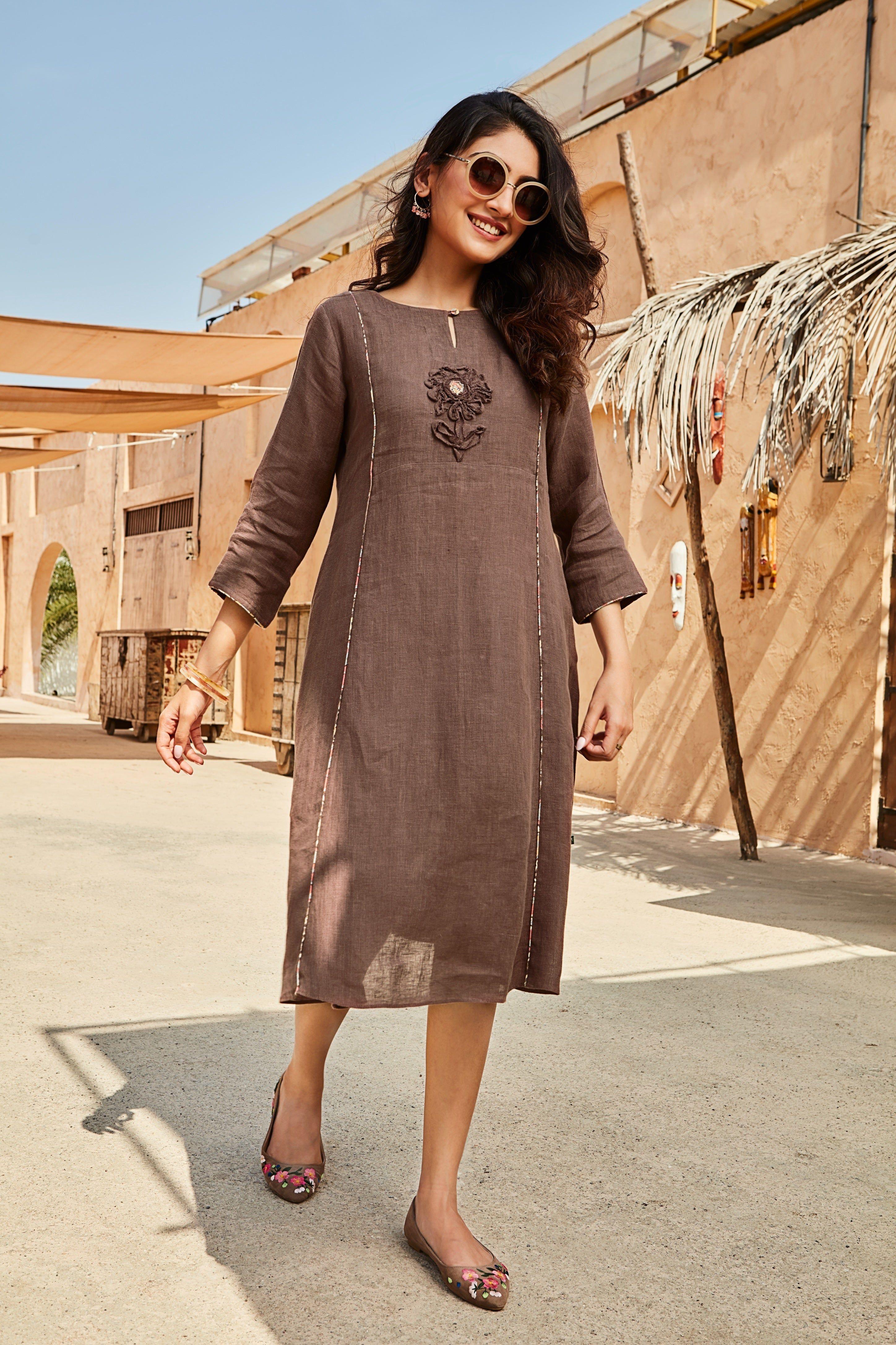 Coffee Brown Linen Dress with Embroidered Motif Mokshaa
