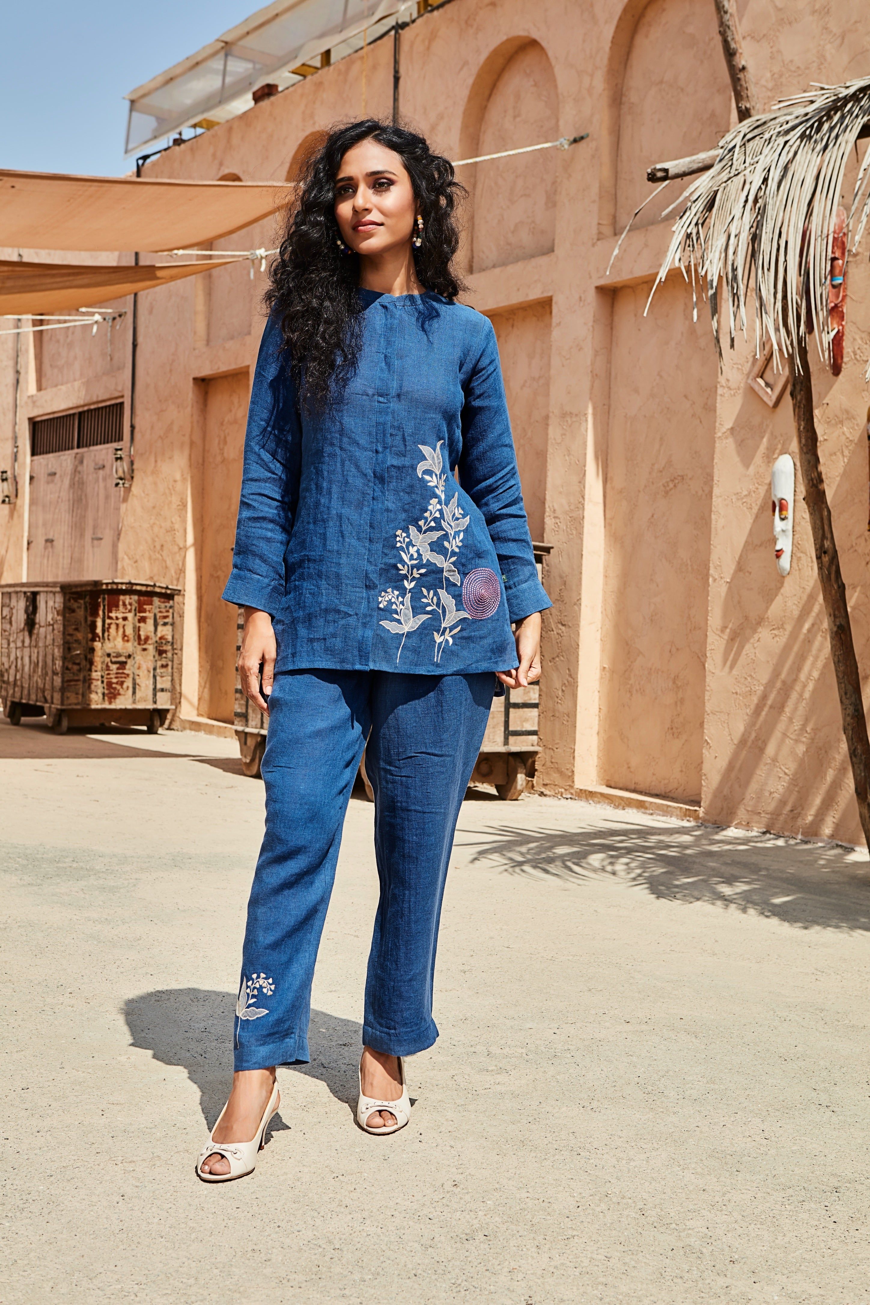 Indigo Blue Embroidered Linen Co-ord Set Mokshaa