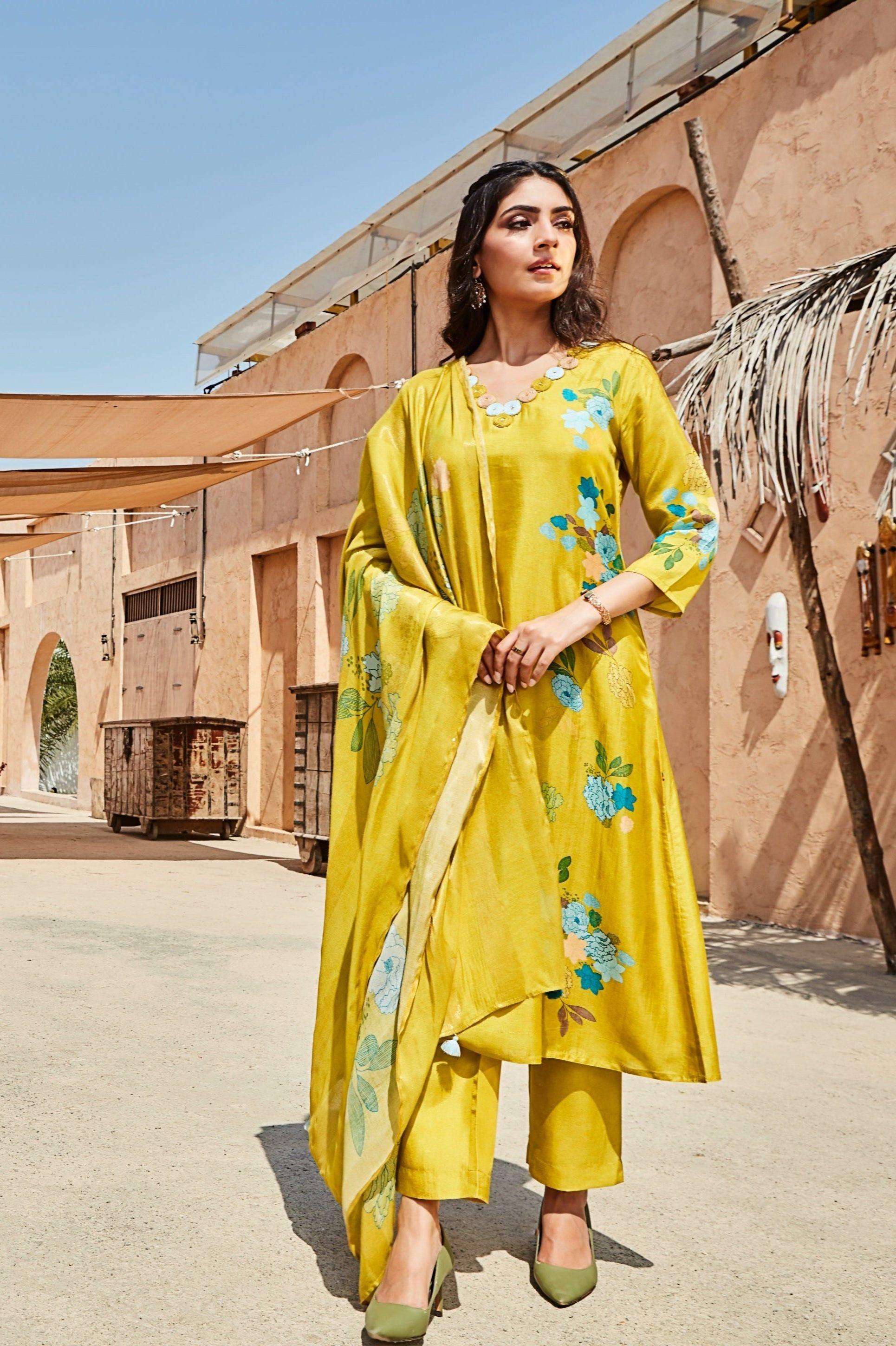 Lime Yellow Printed Satin Kurta Set  Mokshaa