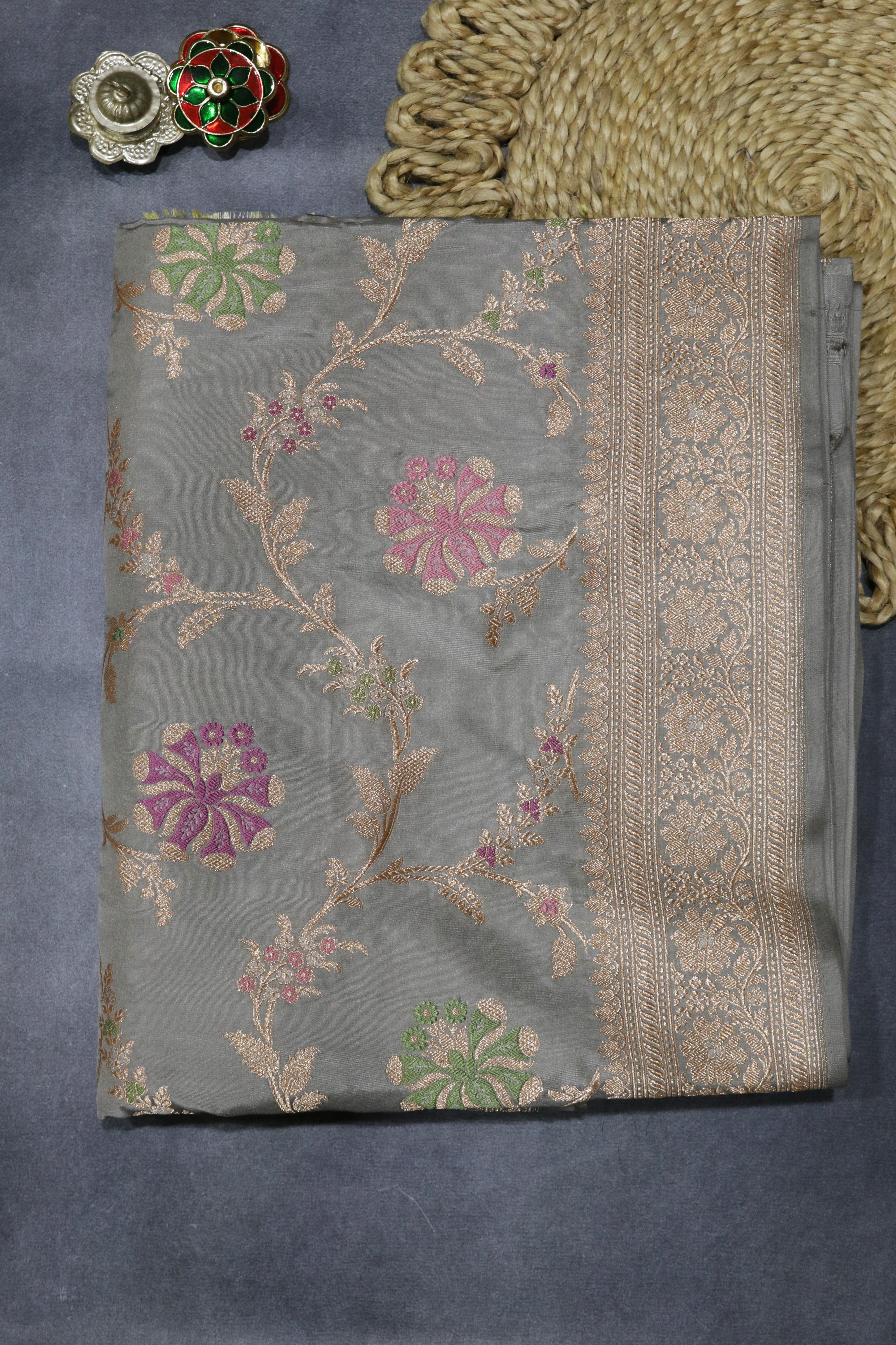 Grey Banarasi Silk Saree with Meena Jaal