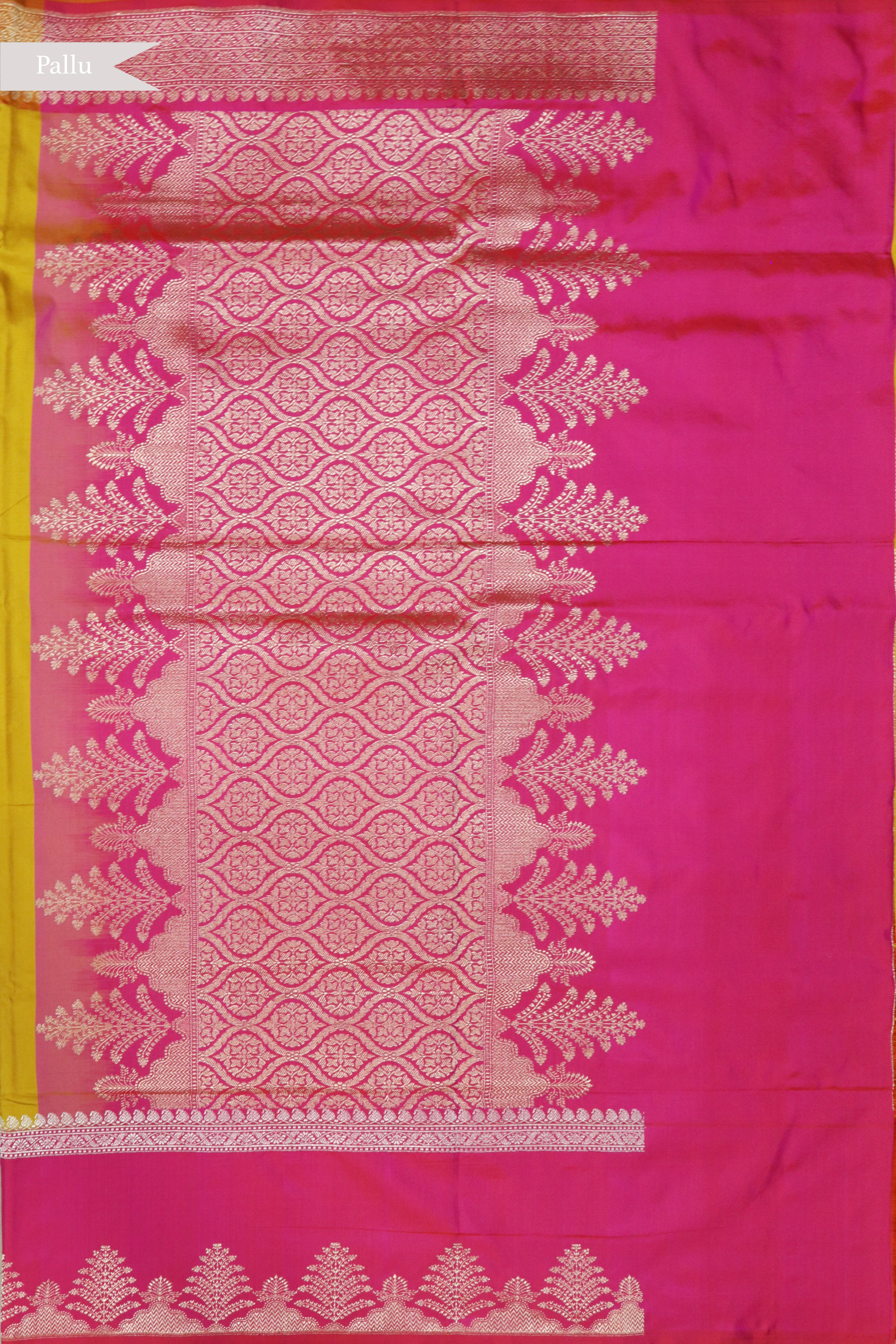 Mustard Yellow Banarasi Silk Saree with Contrast Pink Border