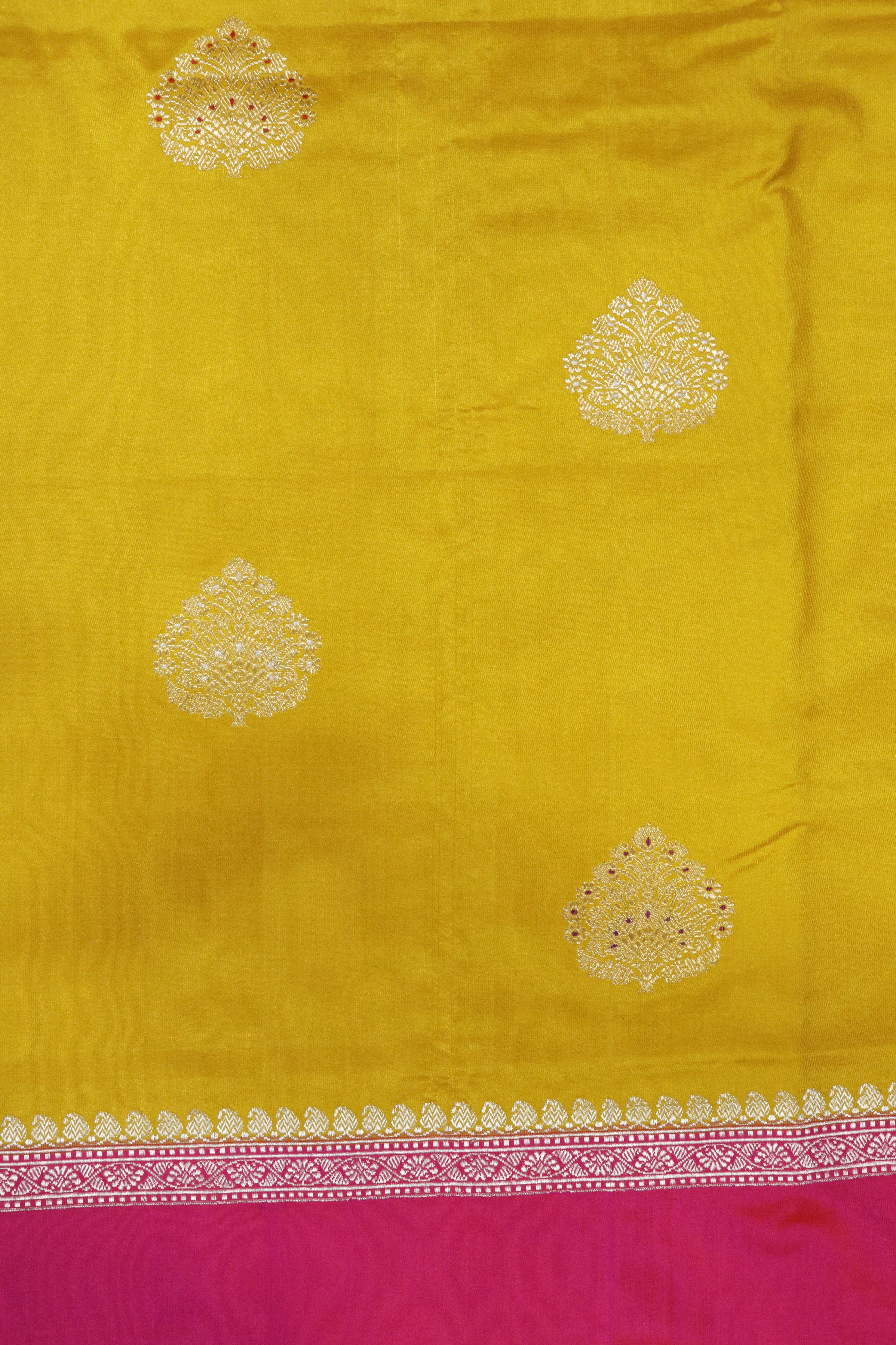 Mustard Yellow Banarasi Silk Saree with Contrast Pink Border