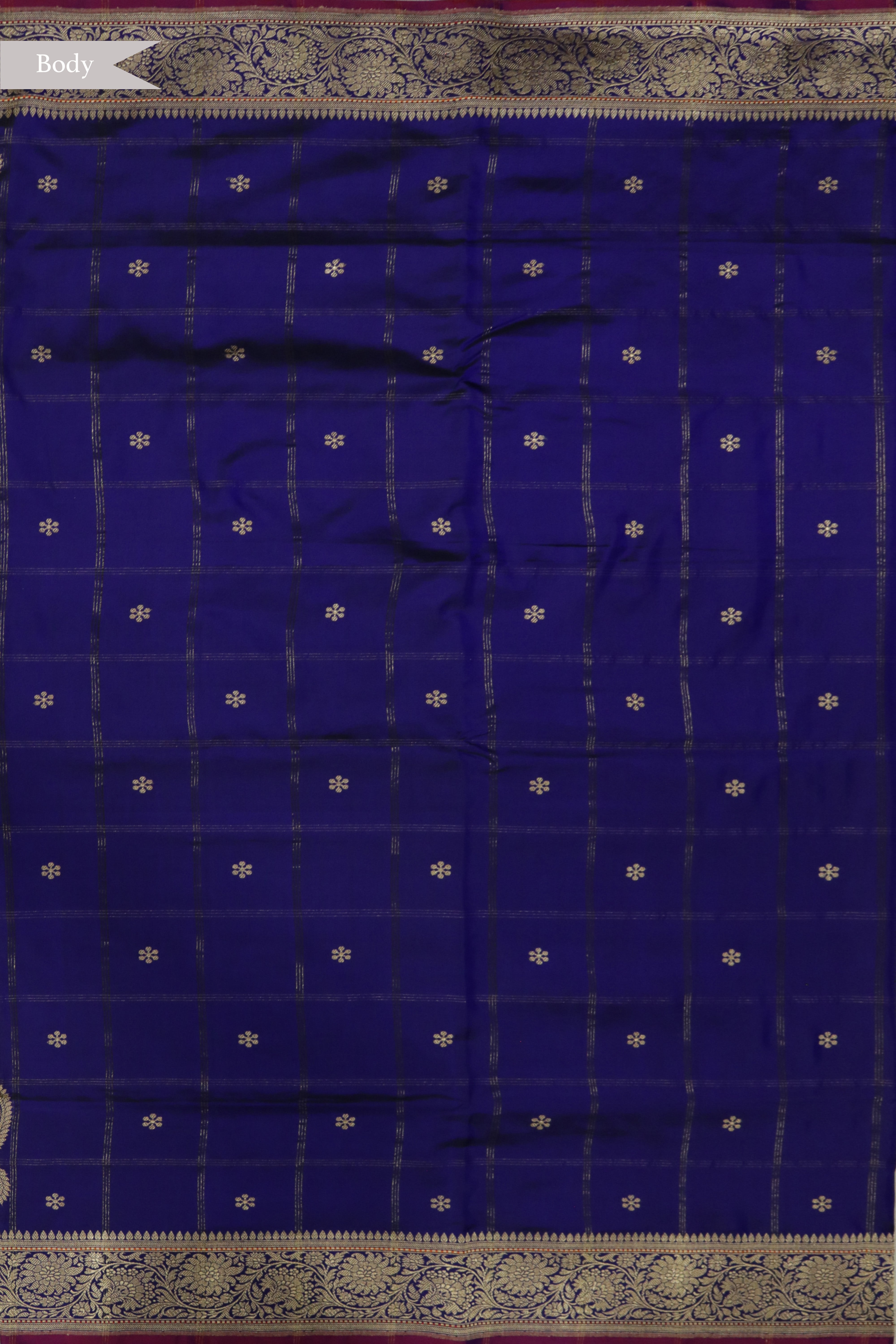 Royal Blue Banarasi Silk Saree with Checked Design, Zari Motifs and Contrast Blouse