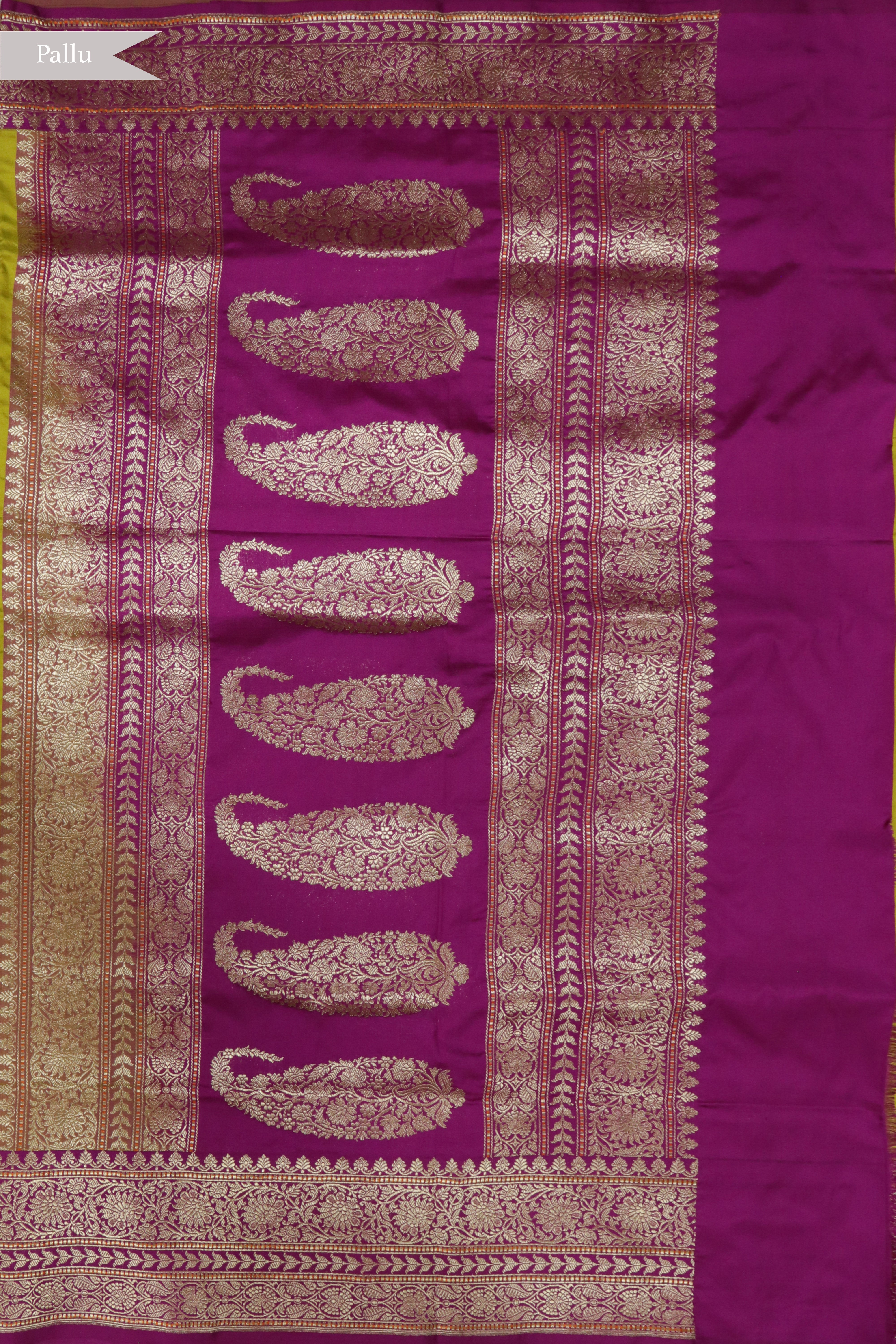 Mustard Green Banarasi Silk Saree with Zari Butti and Contrast Magenta Zari Border
