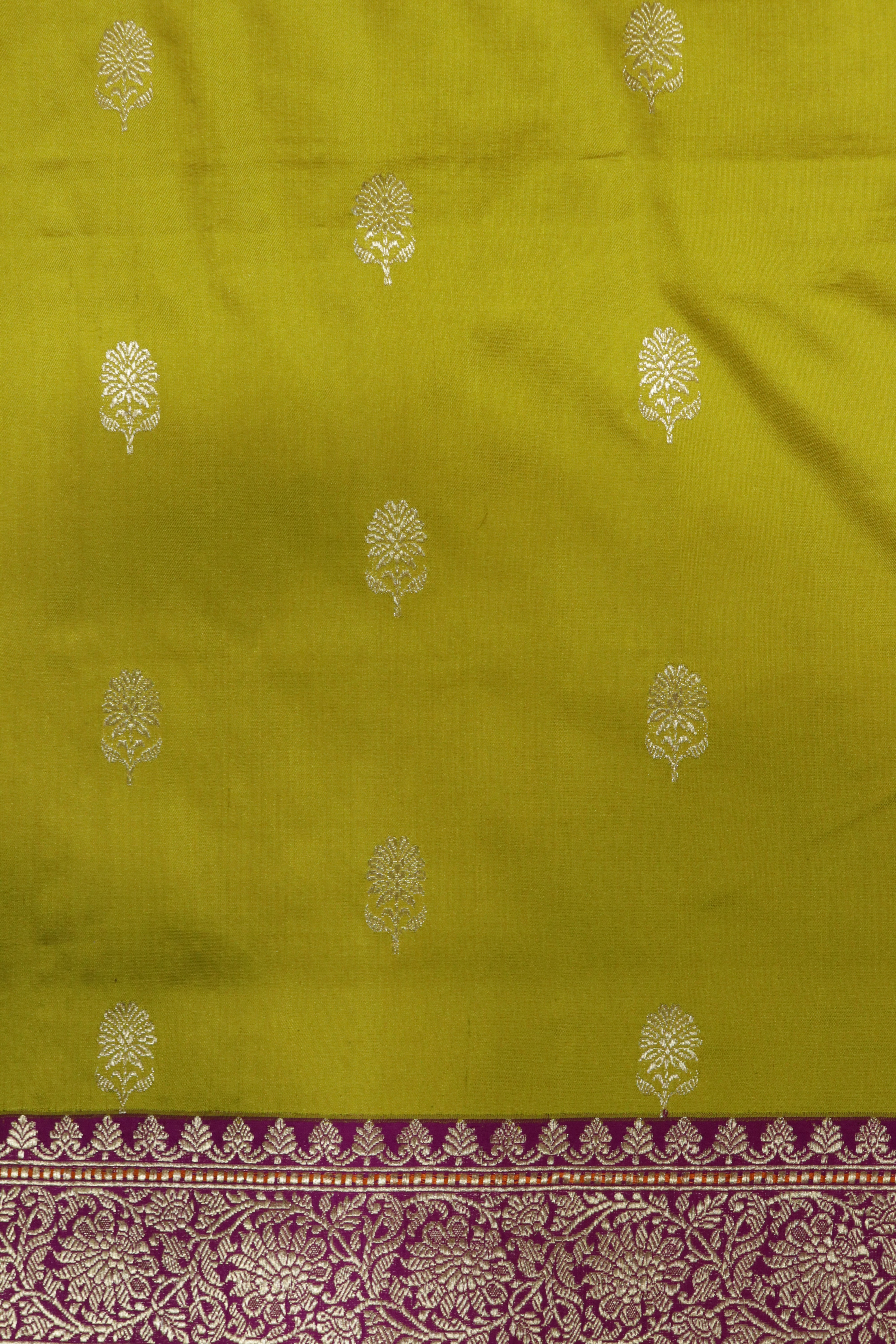 Mustard Green Banarasi Silk Saree with Zari Butti and Contrast Magenta Zari Border