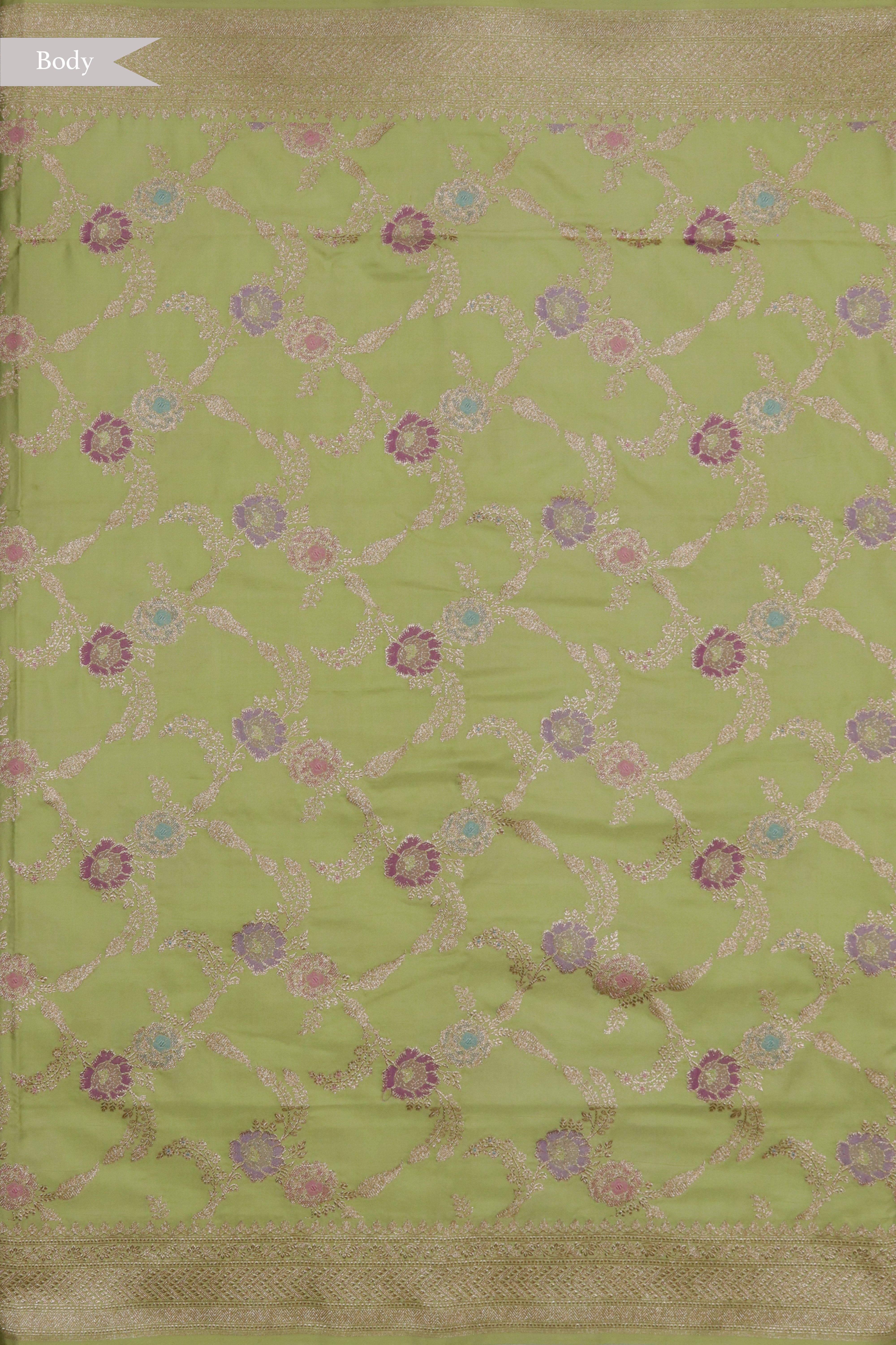 Pista Green Banarasi Silk Saree with Meenakari Jaal and Zari Border