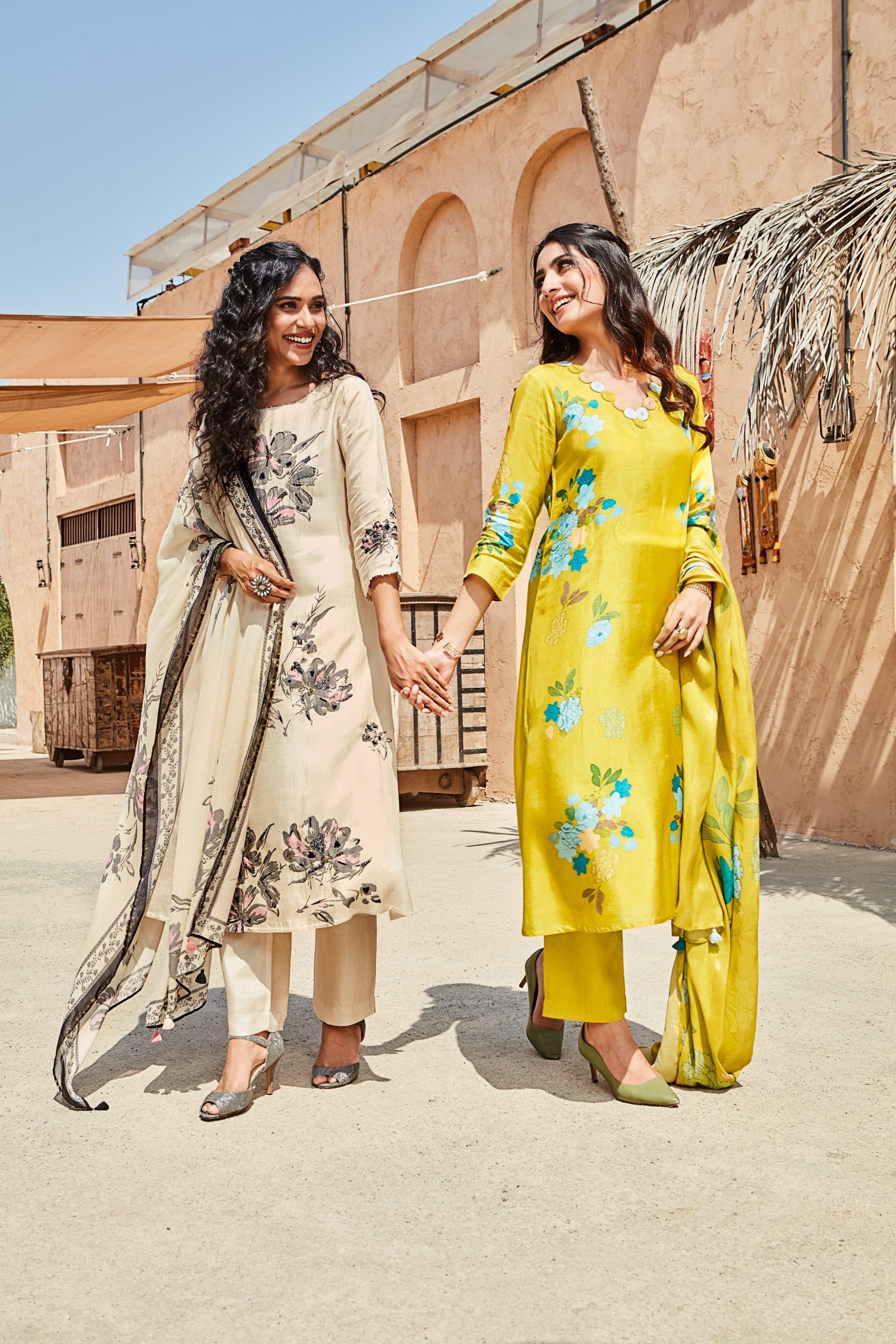 Ivory Printed Kurta Set with Dupatta  Mokshaa