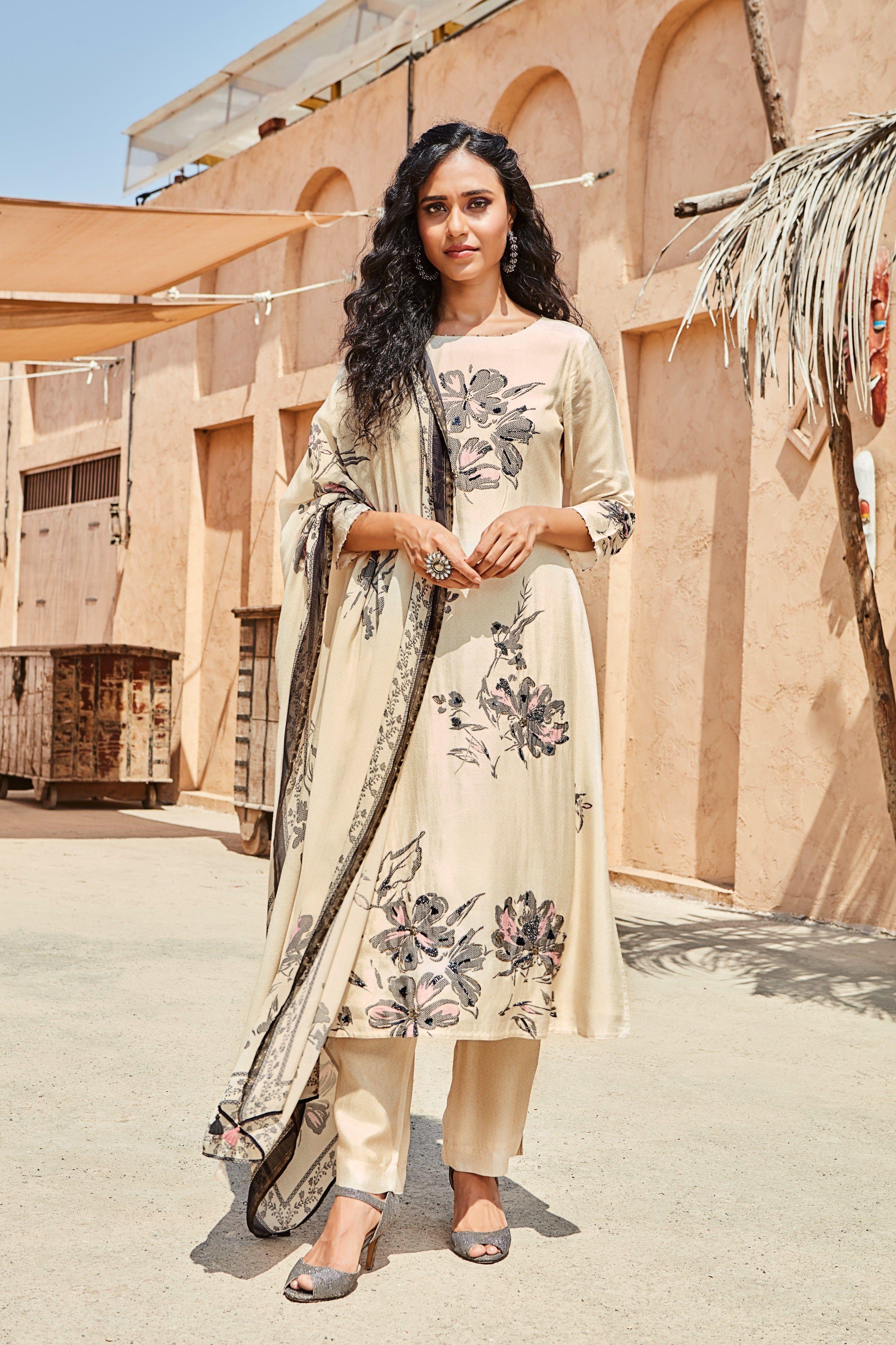 Ivory Printed Kurta Set with Dupatta  Mokshaa