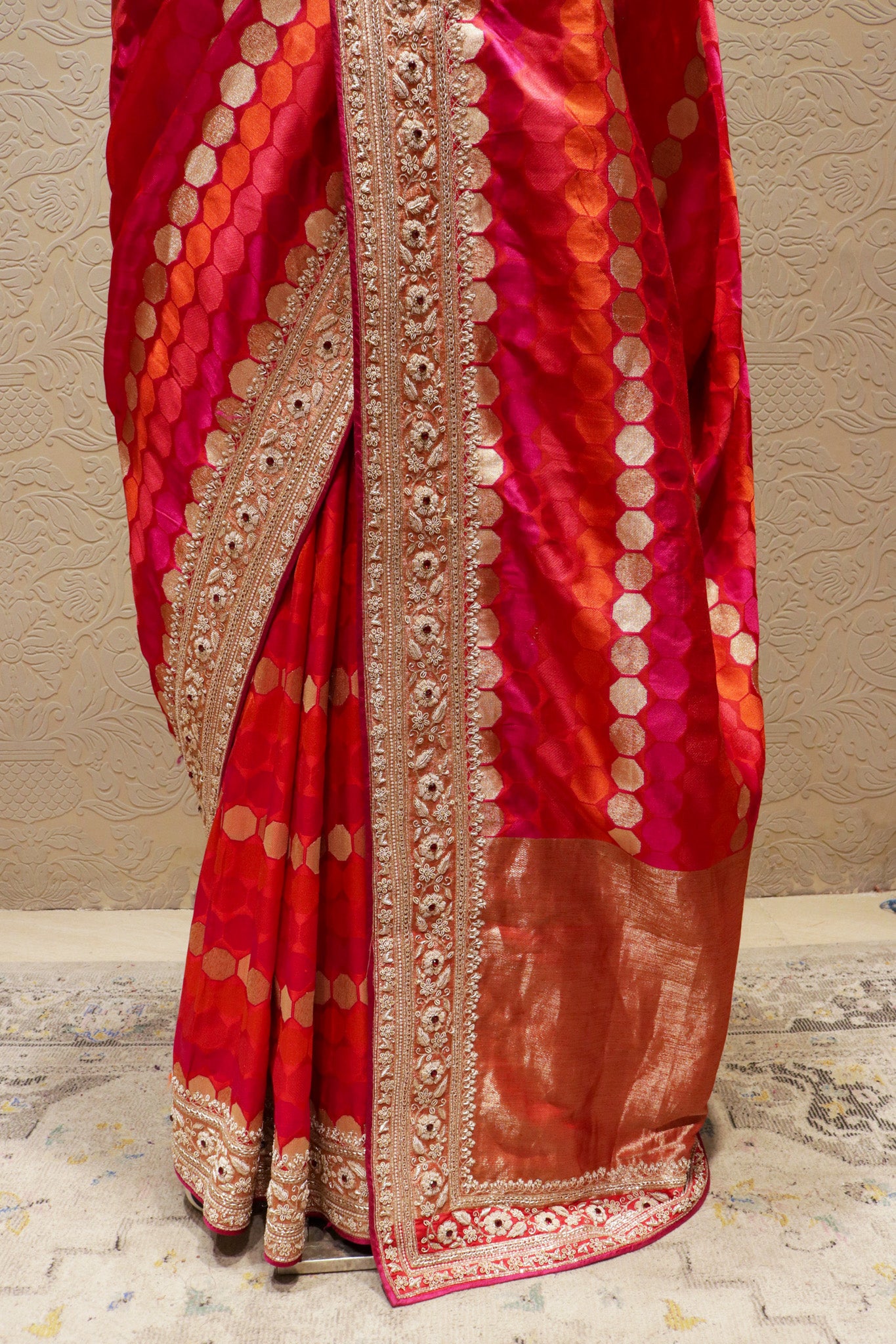 Pink Orange Banarasi Silk Saree