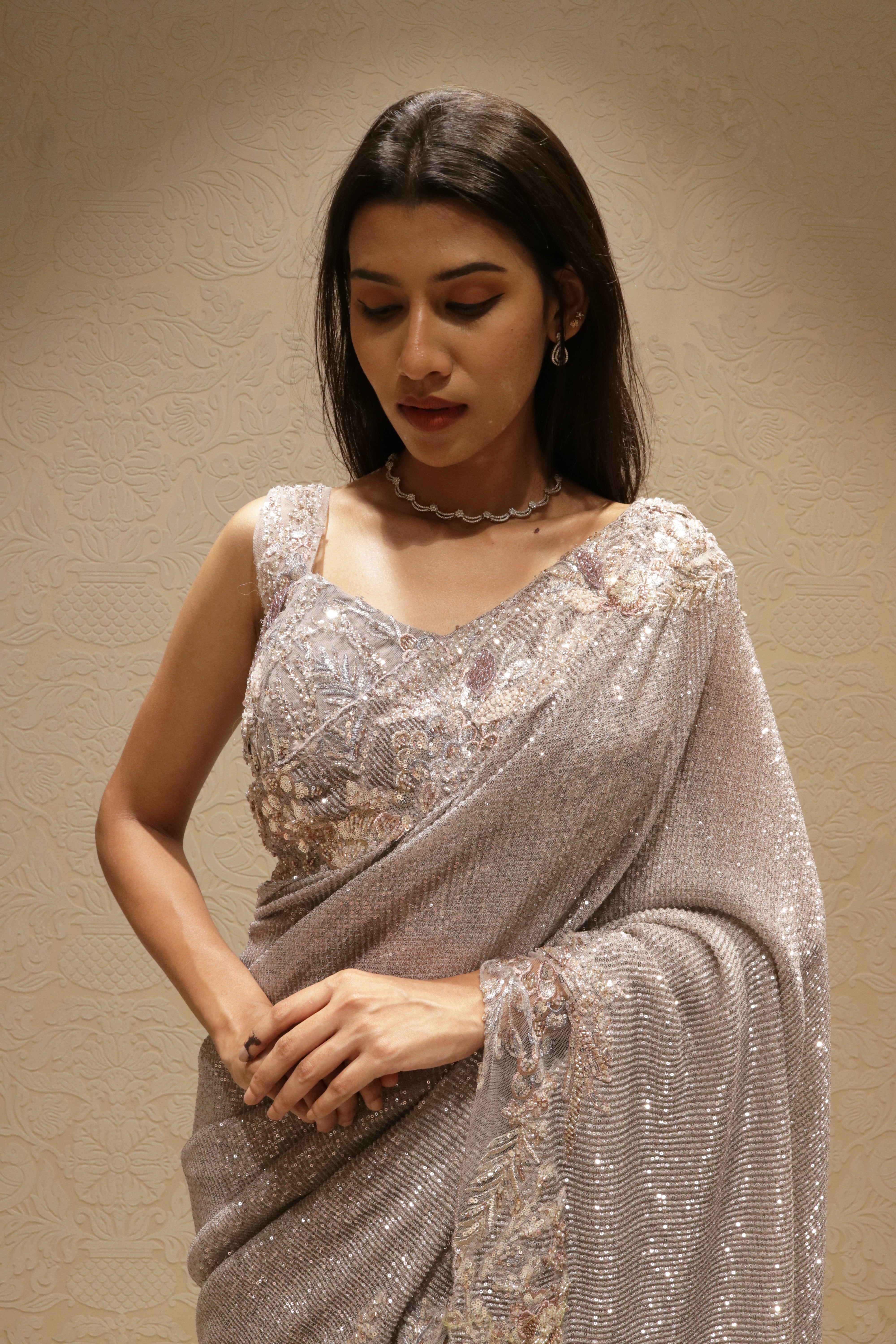 Silver Grey Net Saree