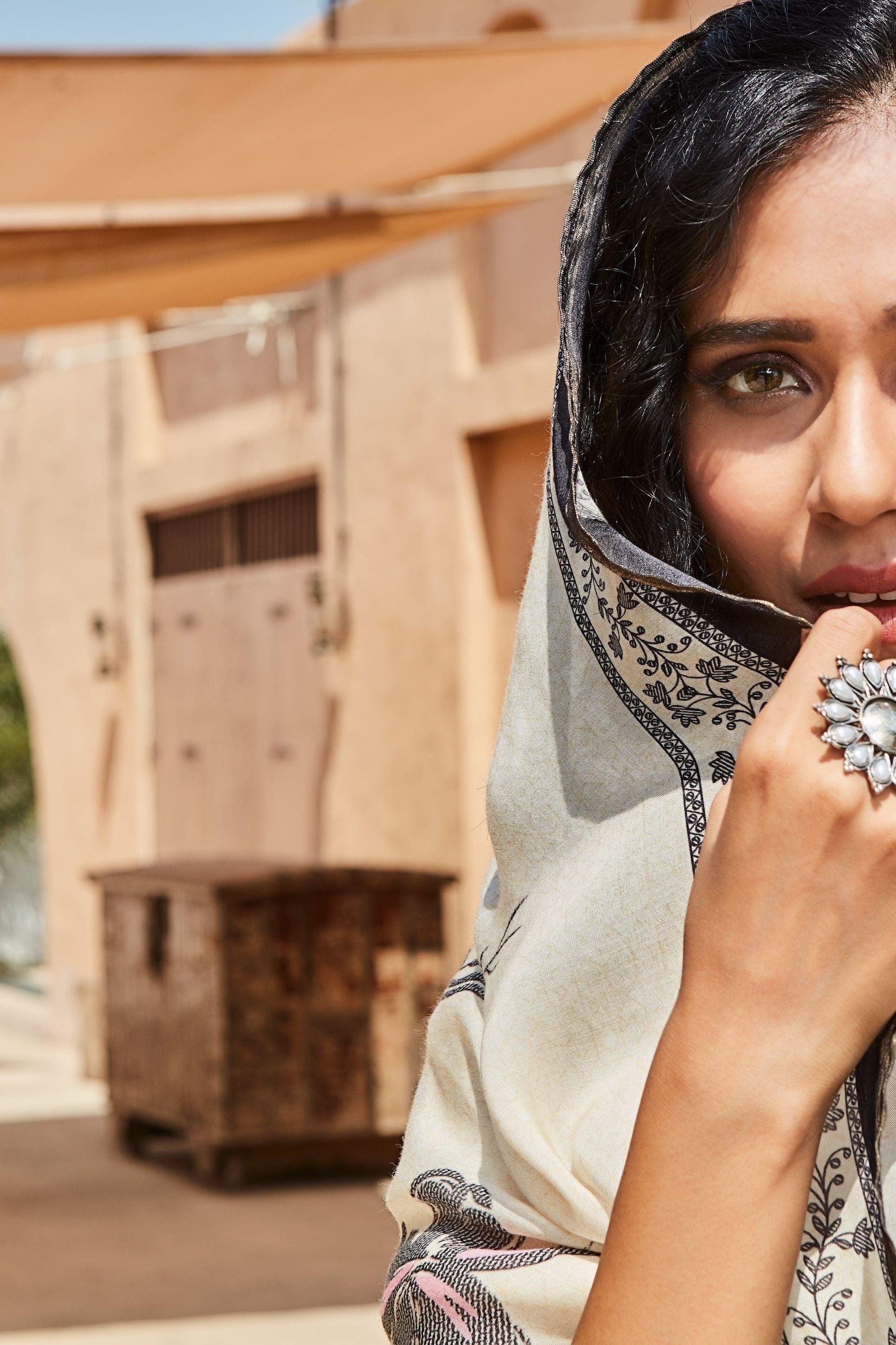 Ivory Printed Kurta Set with Dupatta  Mokshaa