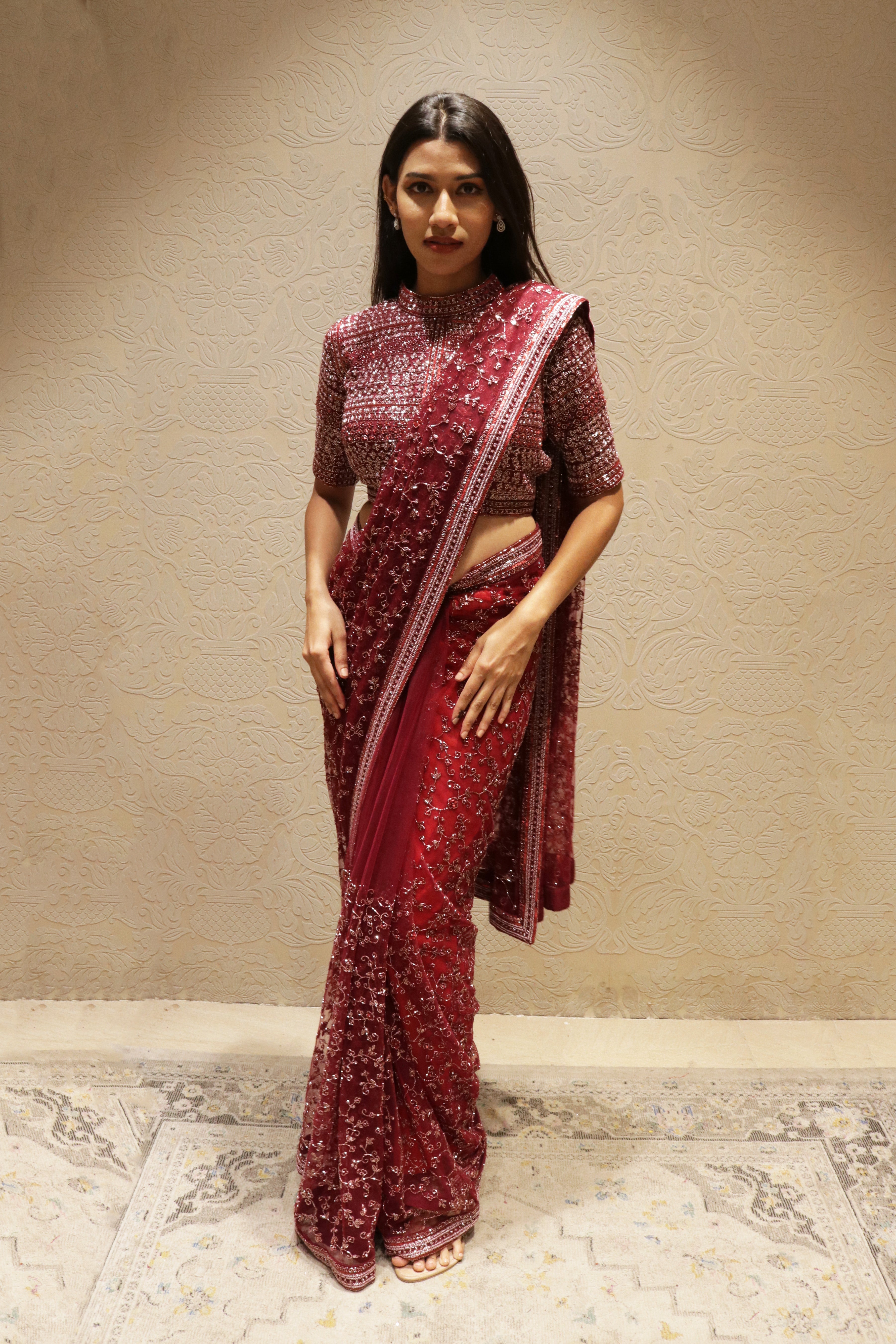 Maroon Net Saree