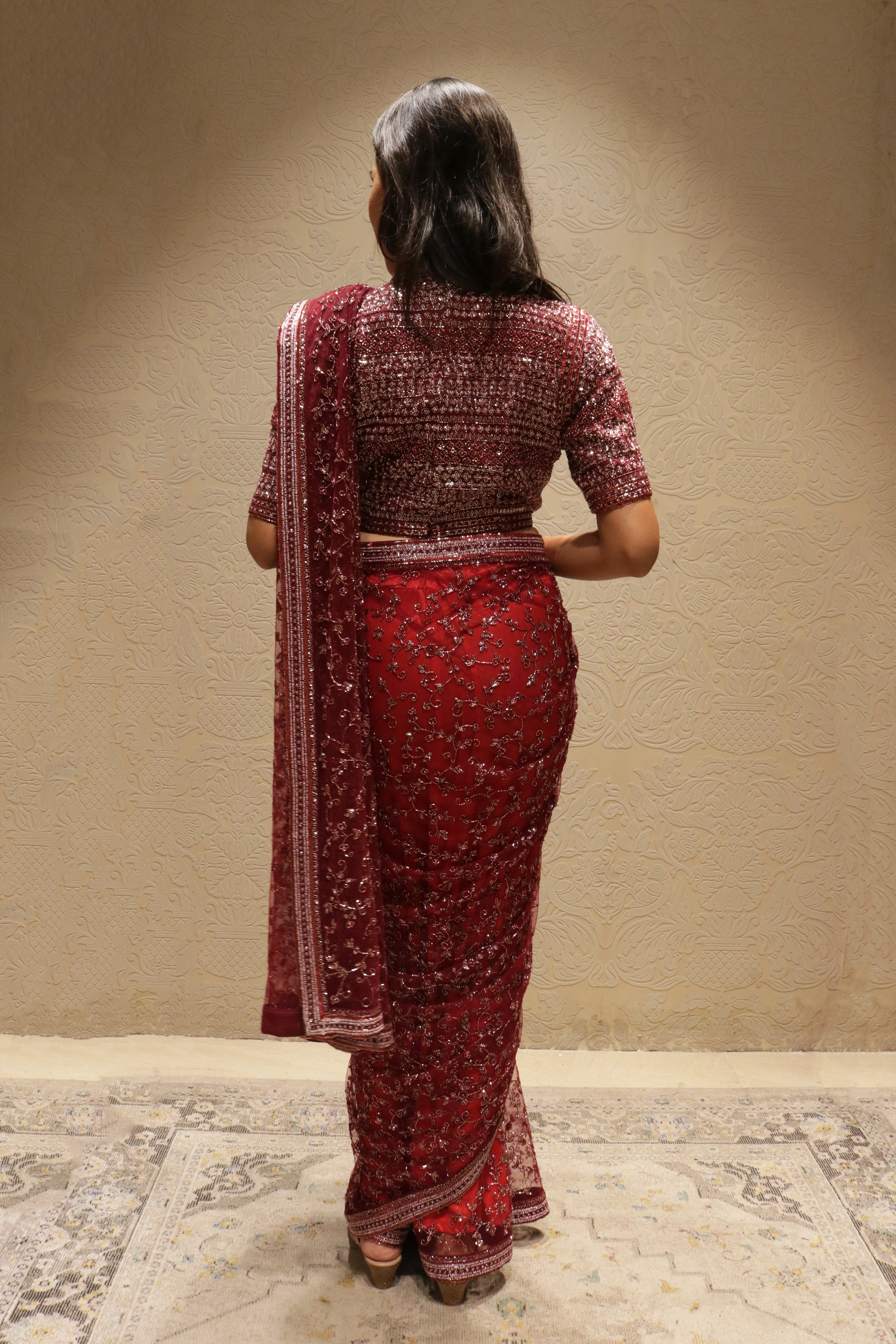 Maroon Net Saree