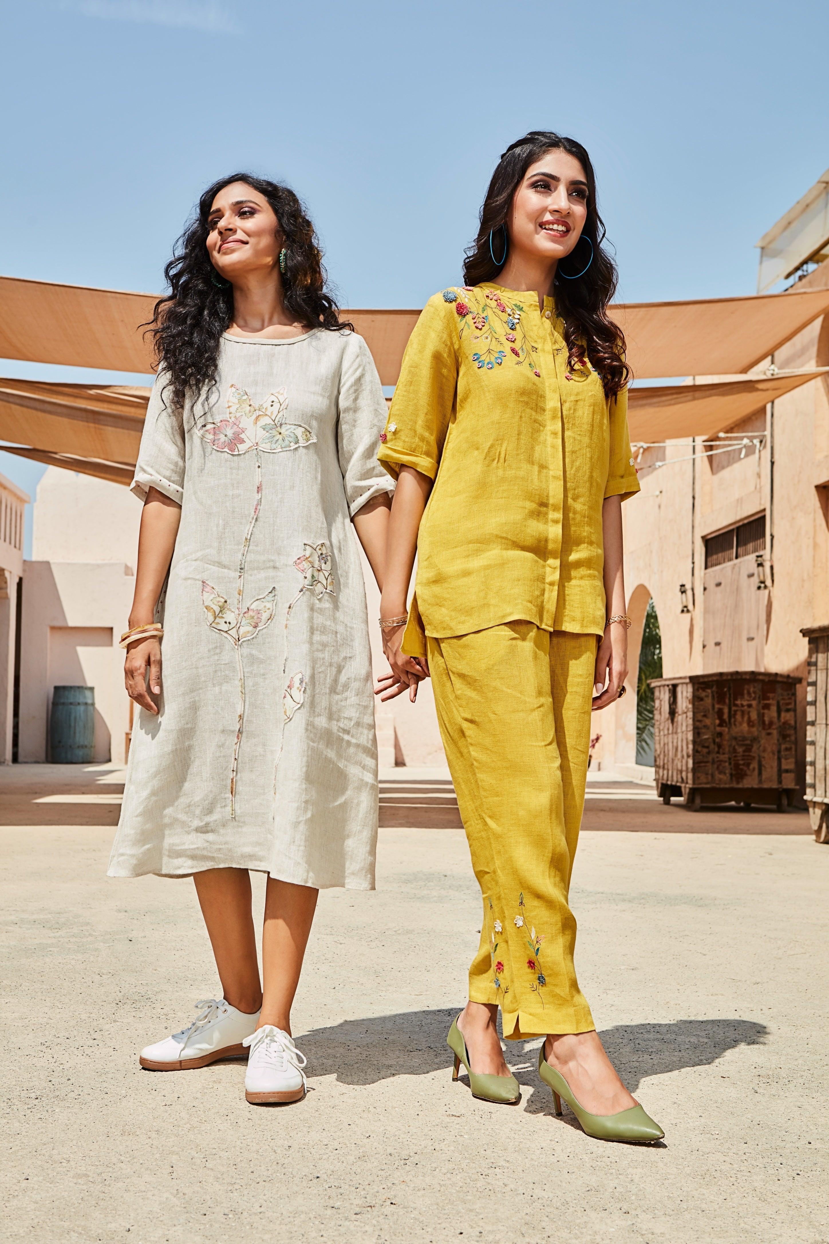 Beige Linen Dress with Pastel Appliqué Embroidery  Mokshaa