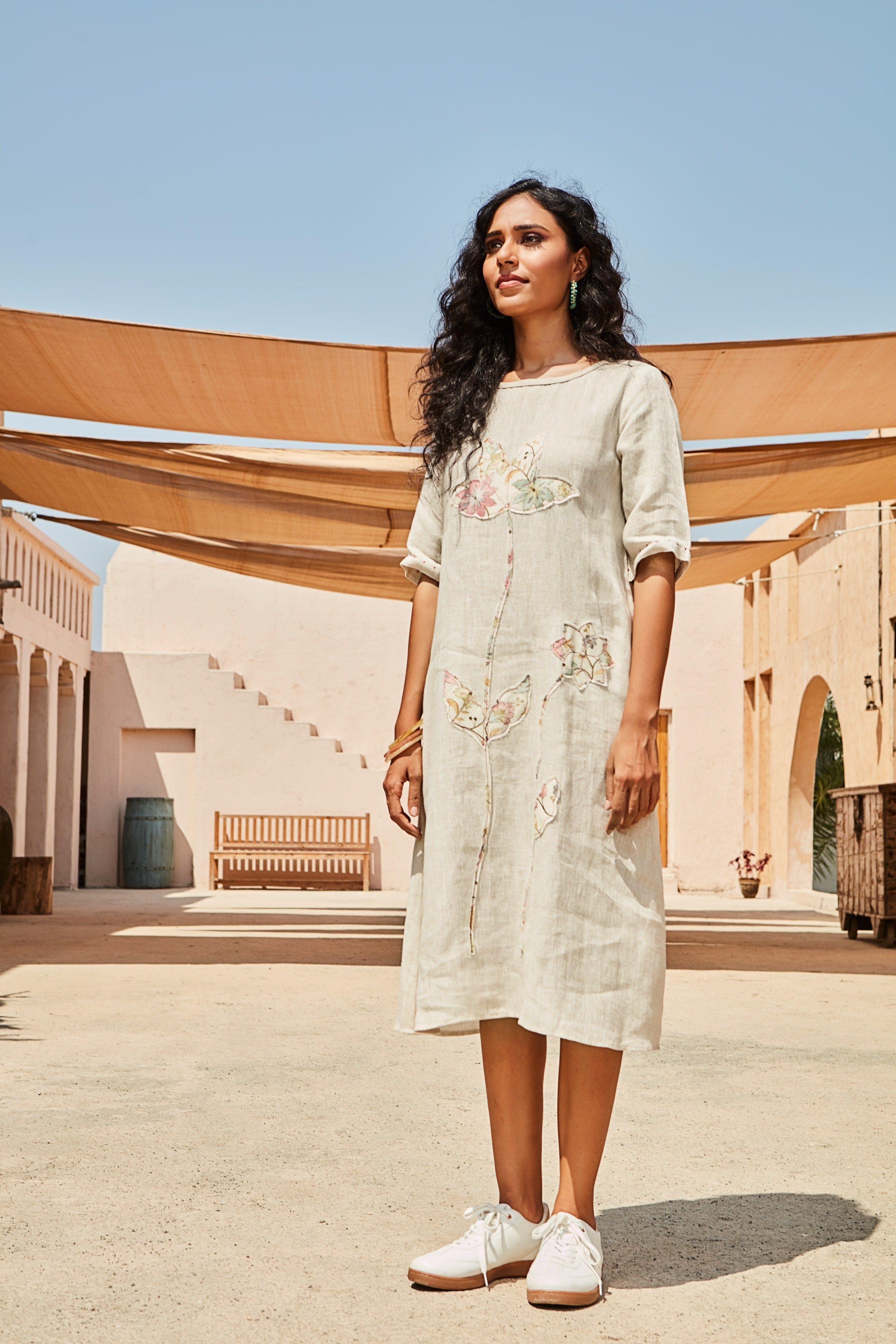 S Natural Linen Dress with Pastel Appliqué Embroidery