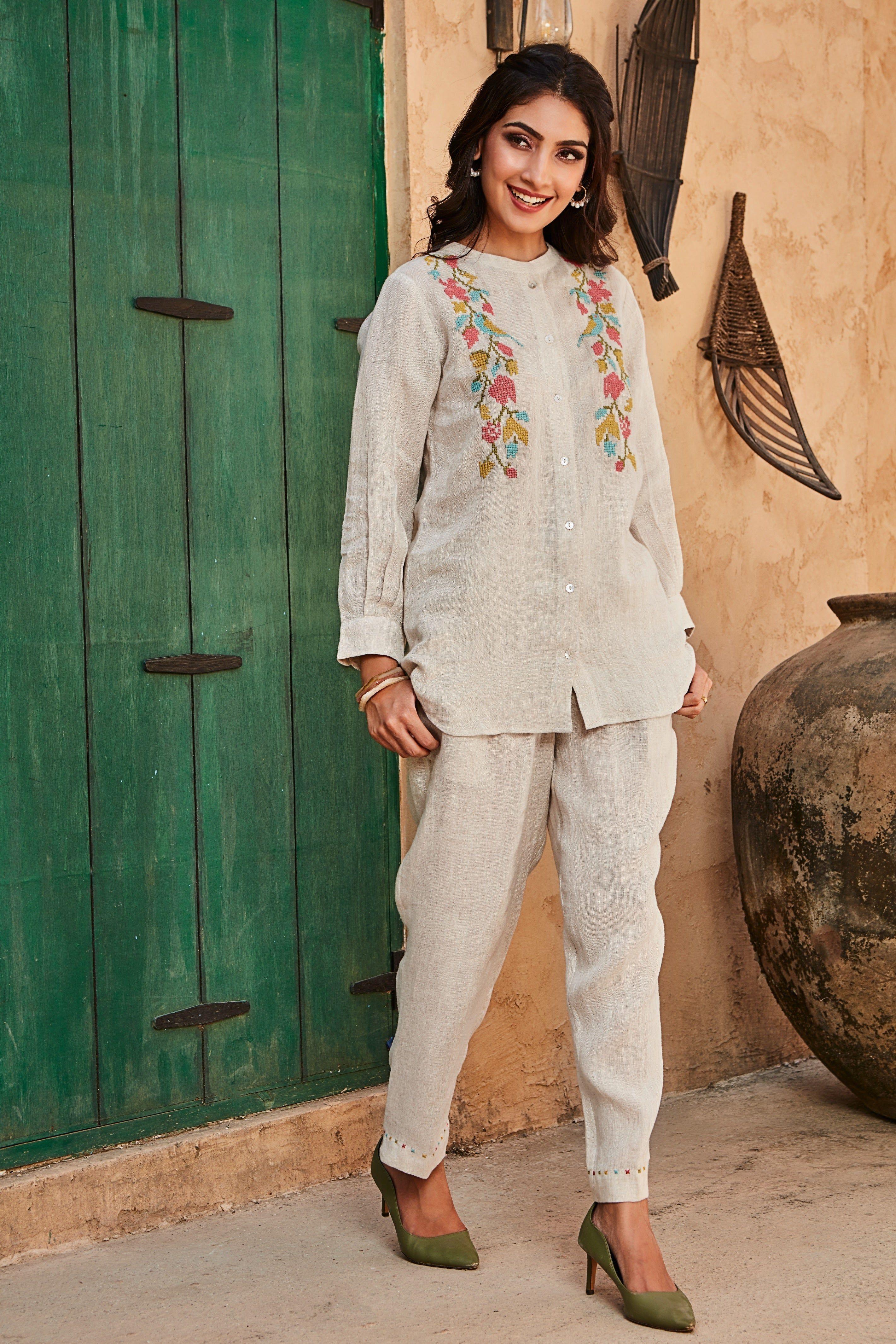 Beige Linen Co-ord Set with Multicolor Embroidery Mokshaa