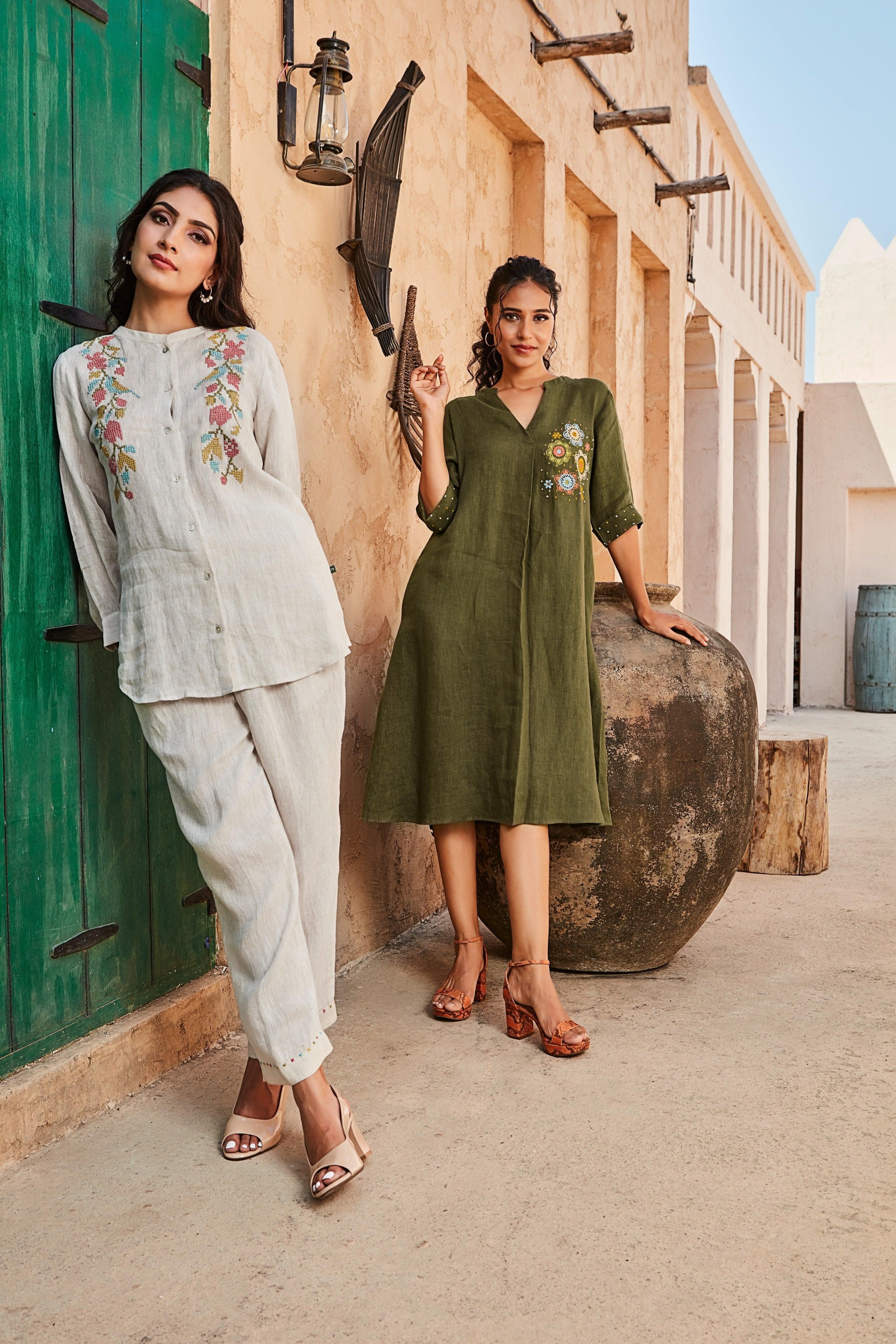 Olive Green Linen Dress with Floral Embroidery Mokshaa